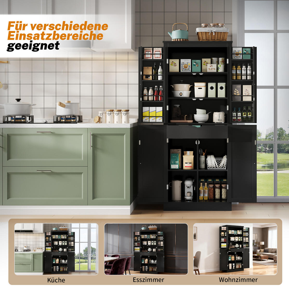 GESCHIRRSCHRANK 75/40/180 cm Schwarz mit 2 Regaltüren, Staufächern und innenliegender Schublade - Schwarz, Holz (75/180/40cm) - Oxeza