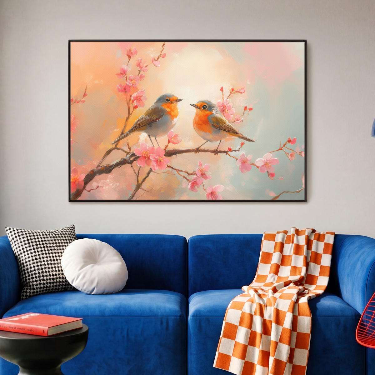 LEINWAND Bilder mit Rahmen - Rotkehlchen - Zierpflanze - Blütenzweig - 90x60 - Hellrosa, Textil (90/60cm) - MuchoWow