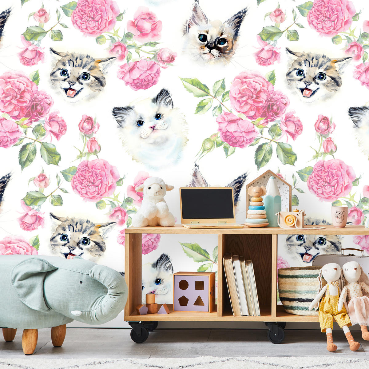 FOTOTAPETE für Badezimmer Kätzchen Rosen Blumen 100x70 - Beige/Rosa, Papier (100/70cm) - Muralo