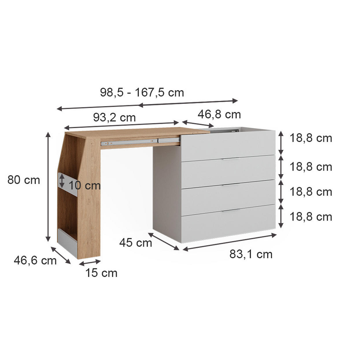 BASTELTISCH Iva Weiß 95.5 x 80 cm ausklappbar, 4 Schubladen - Weiß, Holzwerkstoff (47/95.5/80cm) - Vicco