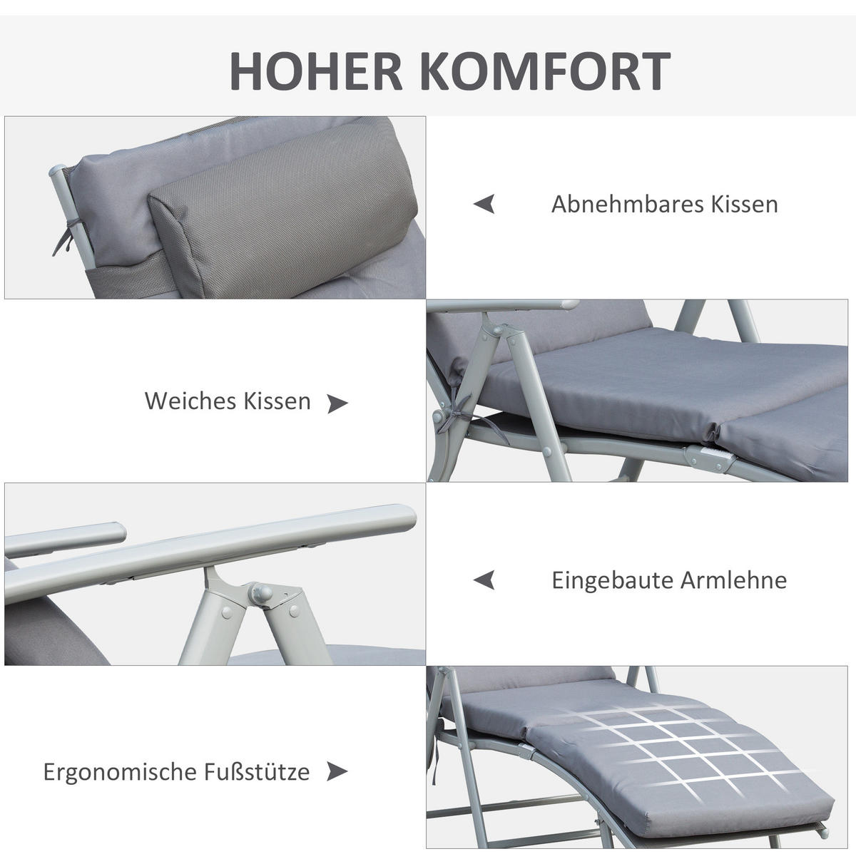 SONNENLIEGE aus Metall 137x63,5x100,5 cm in Grau mit 7-fach verstellbarer Rückenlehne - Grau, Metall (63.5/100.5/137cm) - Modfu