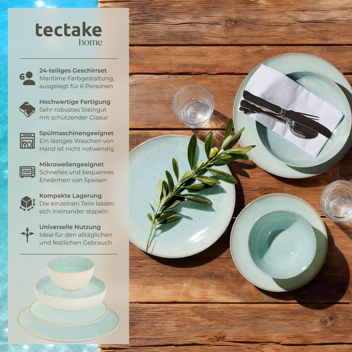 TAFELSERVICE Mare, ineinander stapelbar, Mint - Mintgrün, Keramik (26.5/2.5/26.5cm) - tectake
