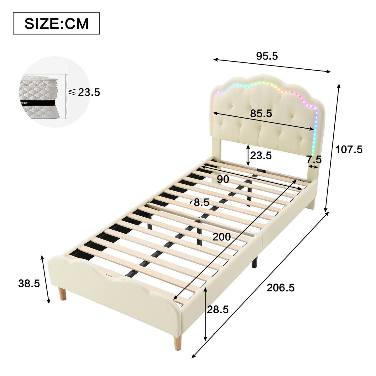 DETSKÁ posteľ z PU 90x200 cm béžová s LED osvetlením a vlnovým čelom - béžová, plast (90/200cm) - Modfu