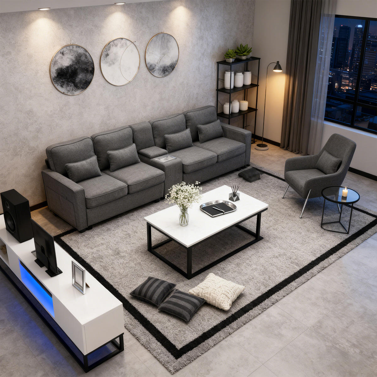 SOFA-4-SITZER,2 USB-Anschlüsse, 2 Getränkehalter, 4 Kissen, Leinen, Dunkelgrau - Grau, Textil (83/88/290cm) - Meubles Cosy