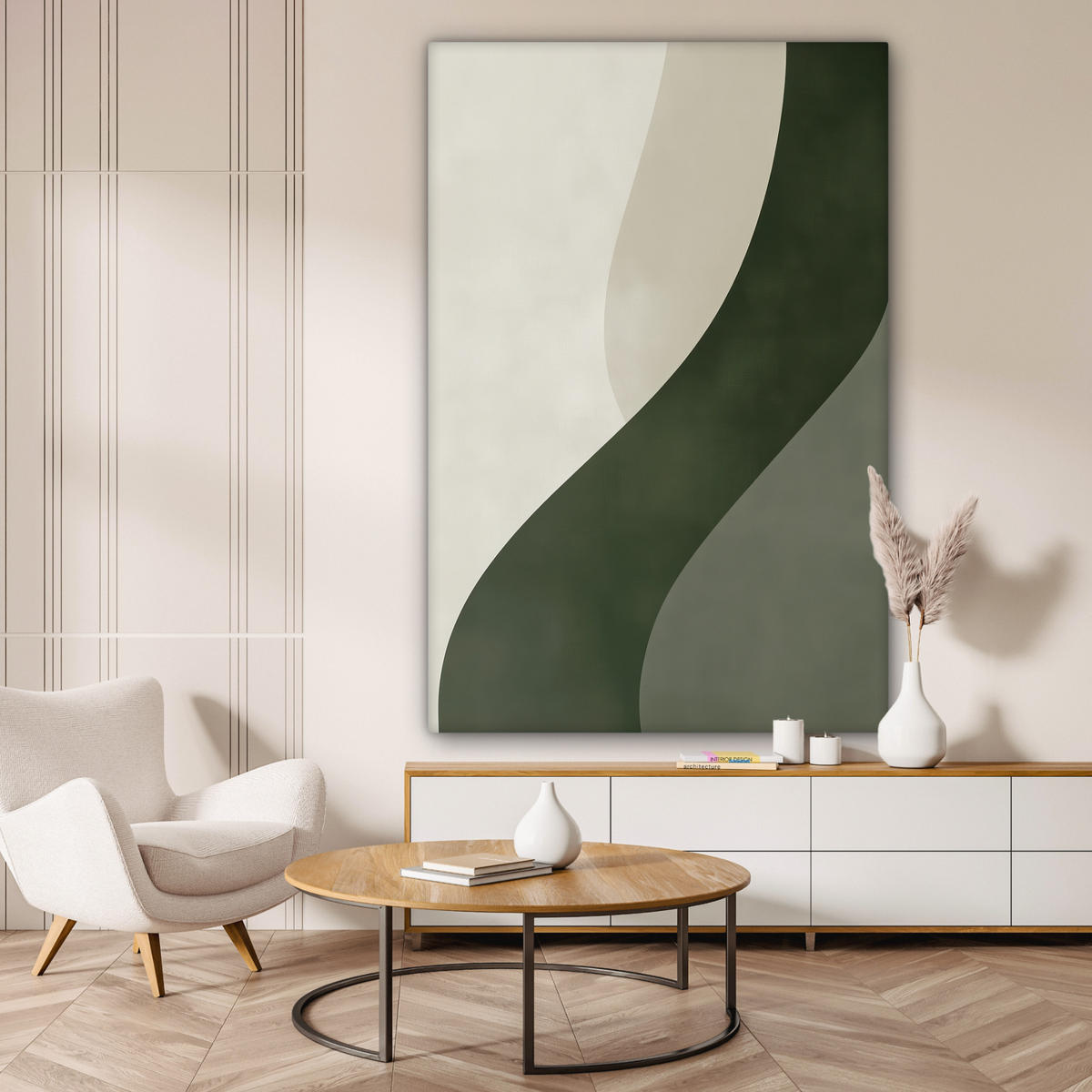 LEINWANDBILD Japandi - Grün - Abstrakt - Modern 90x140 cm - Salbeigrün, Textil (90/140cm) - MuchoWow