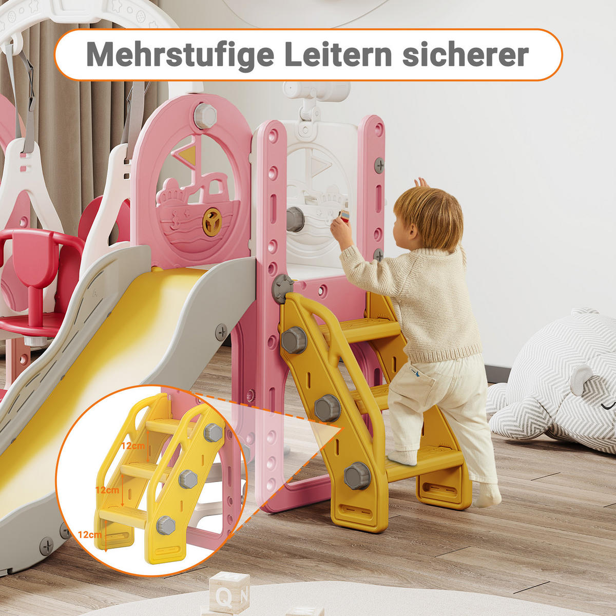 6-IN-1 RUTSCHE Kinder Rosa Mit Klettergerüst, Schaukel & Teleskop - Rosa, Holz (150/115/150cm)