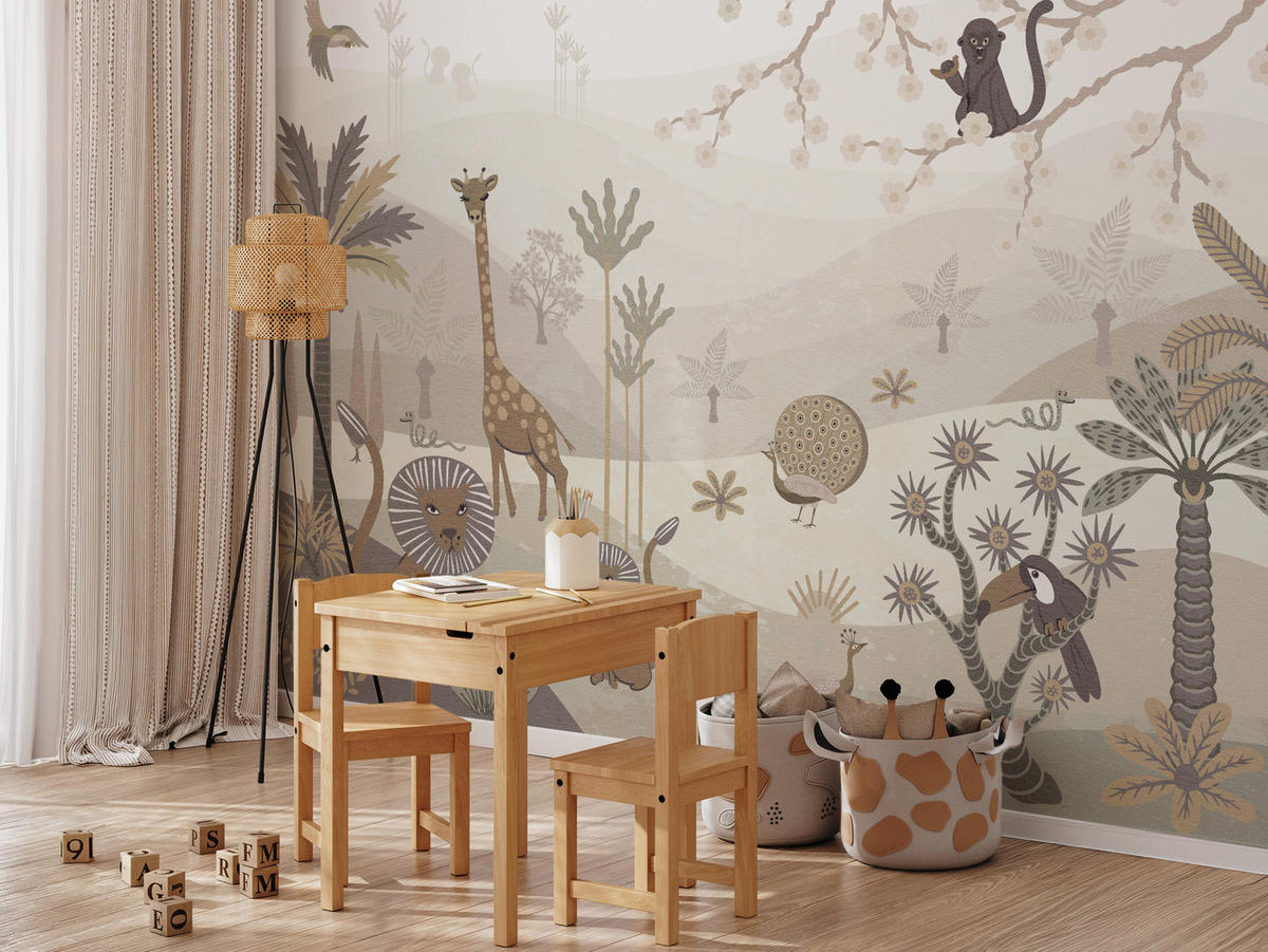 FOTOTAPETE für Kinderzimmer Safari Wilde Tiere Dschungel Boho Palmen Giraffe 500x350 - Beige/Creme, Papier (500/350cm) - Muralo