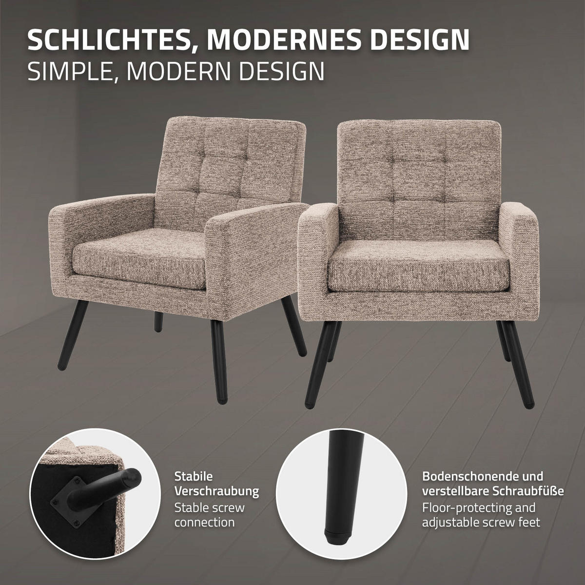 SESSEL mit Stahlbeinen und Webstruktur Relaxsessel 66,5x80x63,5 cm Braun - Schwarz/Braun, Textil/Metall (66.5/80/63.5cm) - ML-DESIGN