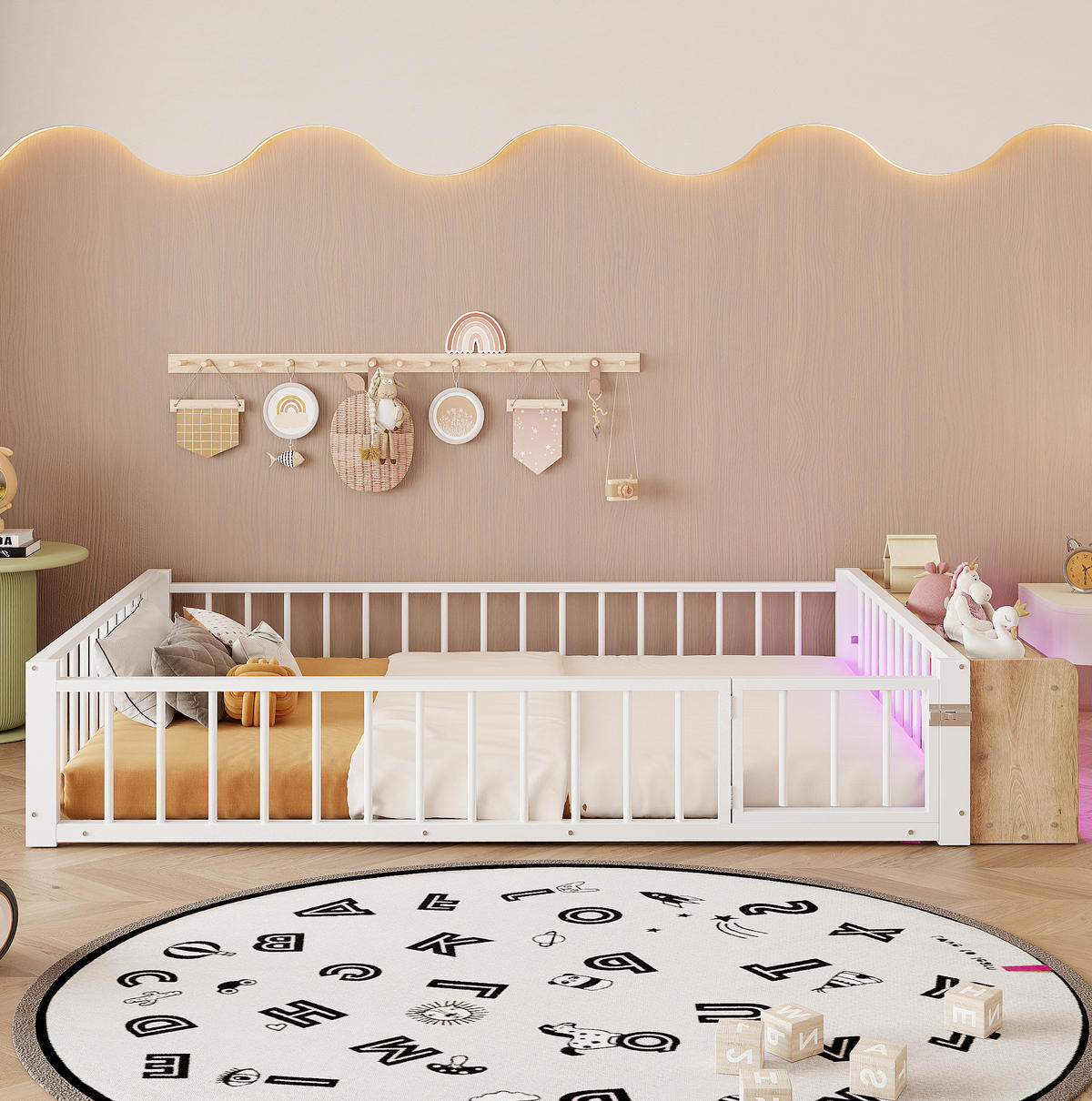 KINDERBETT 140/200 cm aus Metall/MDF mit Schutzgeländer und LED-Beleuchtung Weiß - Weiß, Holzwerkstoff (140/200cm) - Modenvie