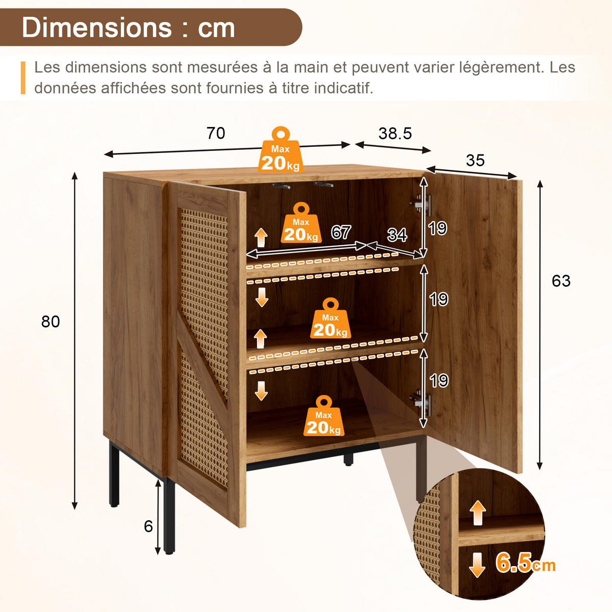 SIDEBOARD Holzoptik mit PE-Rattan 2 Türen 2 Verstellbare Böden Metallbeine - Naturfarben, Holzwerkstoff (70/80/38.5cm) - Urban Meuble