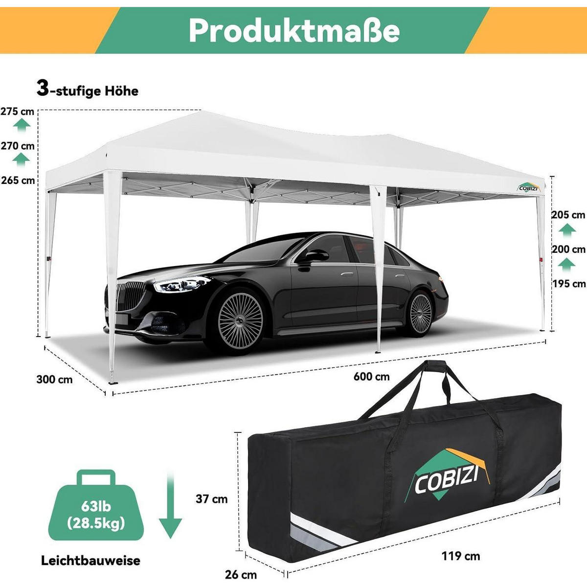 FALTPAVILLON 3x6m weiß mit 6 Seitenteilen und UV-Schutz 50+ - Weiß, Textil (300/270/600cm)