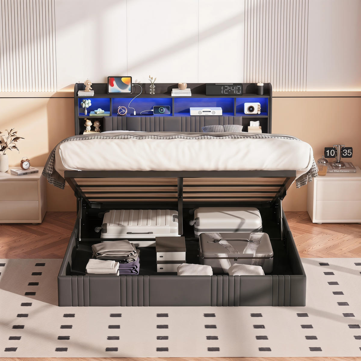 MODERNES POLSTERBETT 160x200 cm mit Stauraum, LED RGB und integrierter Ladestation – Dunkelgrau Leinen - Grau, Holz - SHOPENTRA