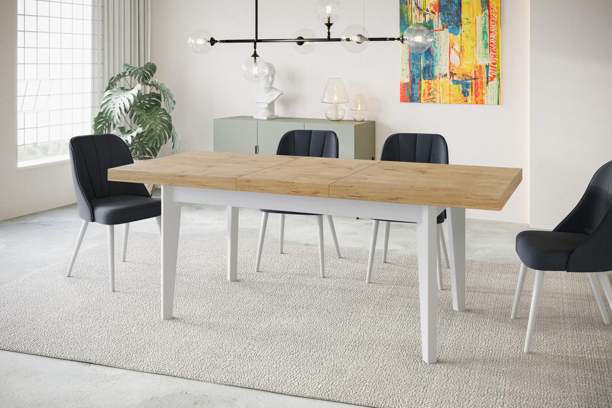 ESSZIMMERTISCH SKANDI, ausziehbarer Tisch: 200-300X100X78 cm, Farbe: LANCELOT, mit Holzbeinen in Farbe Weiß - Beige/Weiß, Holzwerkstoff (200/100/78cm) - Alpi-Möbel