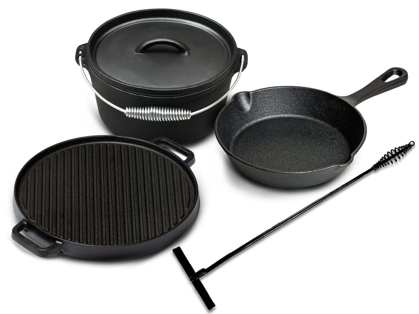 PFANNENSET Dutch Oven BBQ Set aus Gusseisen – Schmortopf + Heber, Bratpfanne Ø 20 cm & Grillplatte Ø 30 cm – 4-teilig – geeignet für alle Herdarten - Schwarz, Keramik (1/2/2cm) - Blackwell