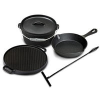 PFANNENSET Dutch Oven BBQ Set aus Gusseisen – Schmortopf + Heber, Bratpfanne Ø 20 cm & Grillplatte Ø 30 cm – 4-teilig – geeignet für alle Herdarten - Schwarz, Keramik (1/2/2cm) - Blackwell