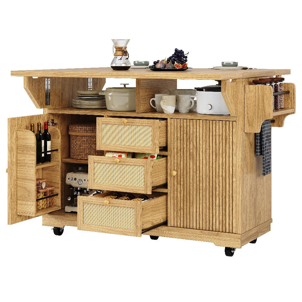 KÜCHENINSEL ausklappbar in Naturbraun mit Rattan, 142,5/80/95 cm - Naturfarben, Kunststoff (80/95/142.5cm) - Rolipo