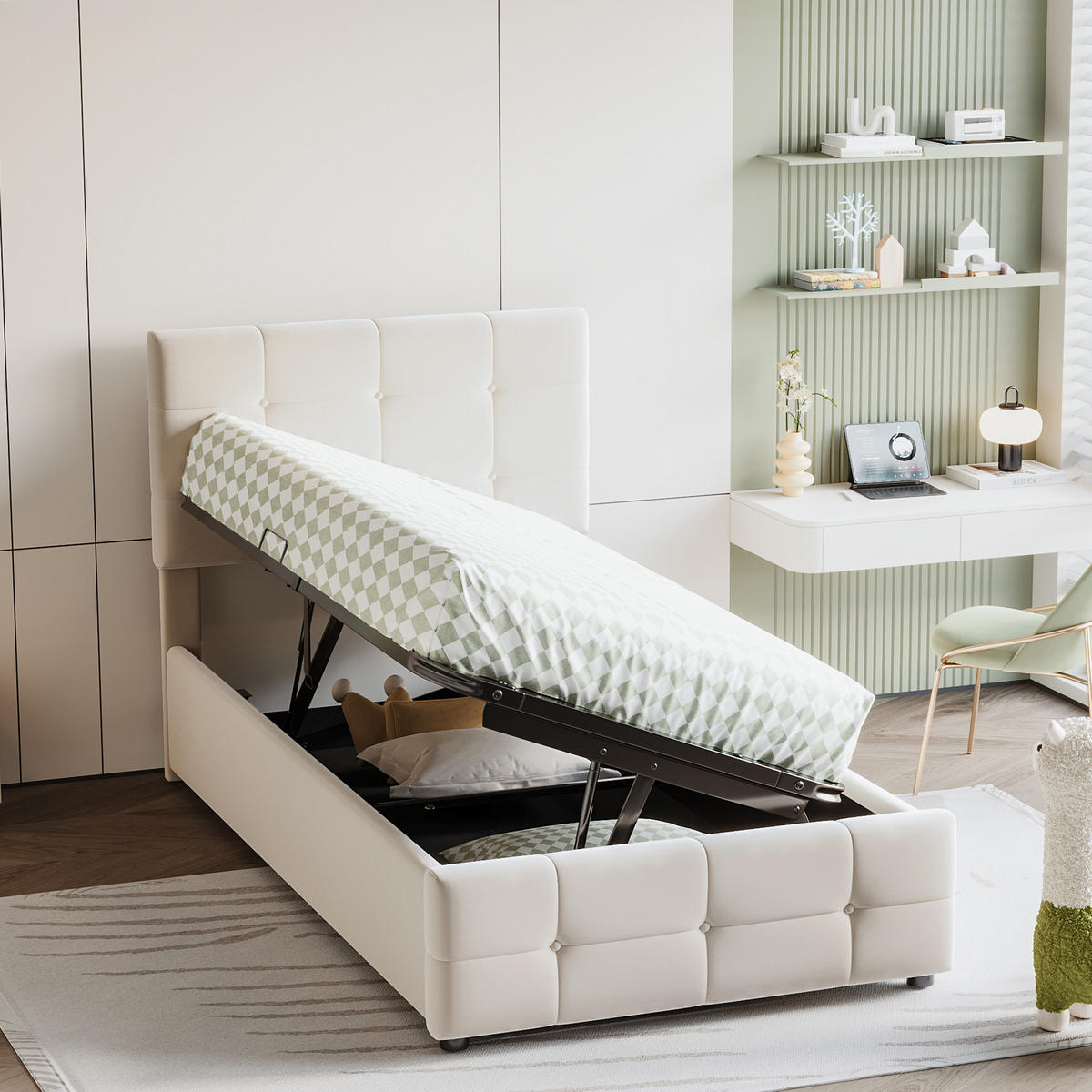 KINDERBETT 90/200 cm mit hydraulischem Stauraum und höhenverstellbarem Kopfteil Beige - Beige, Textil (90/200cm) - OKWISH