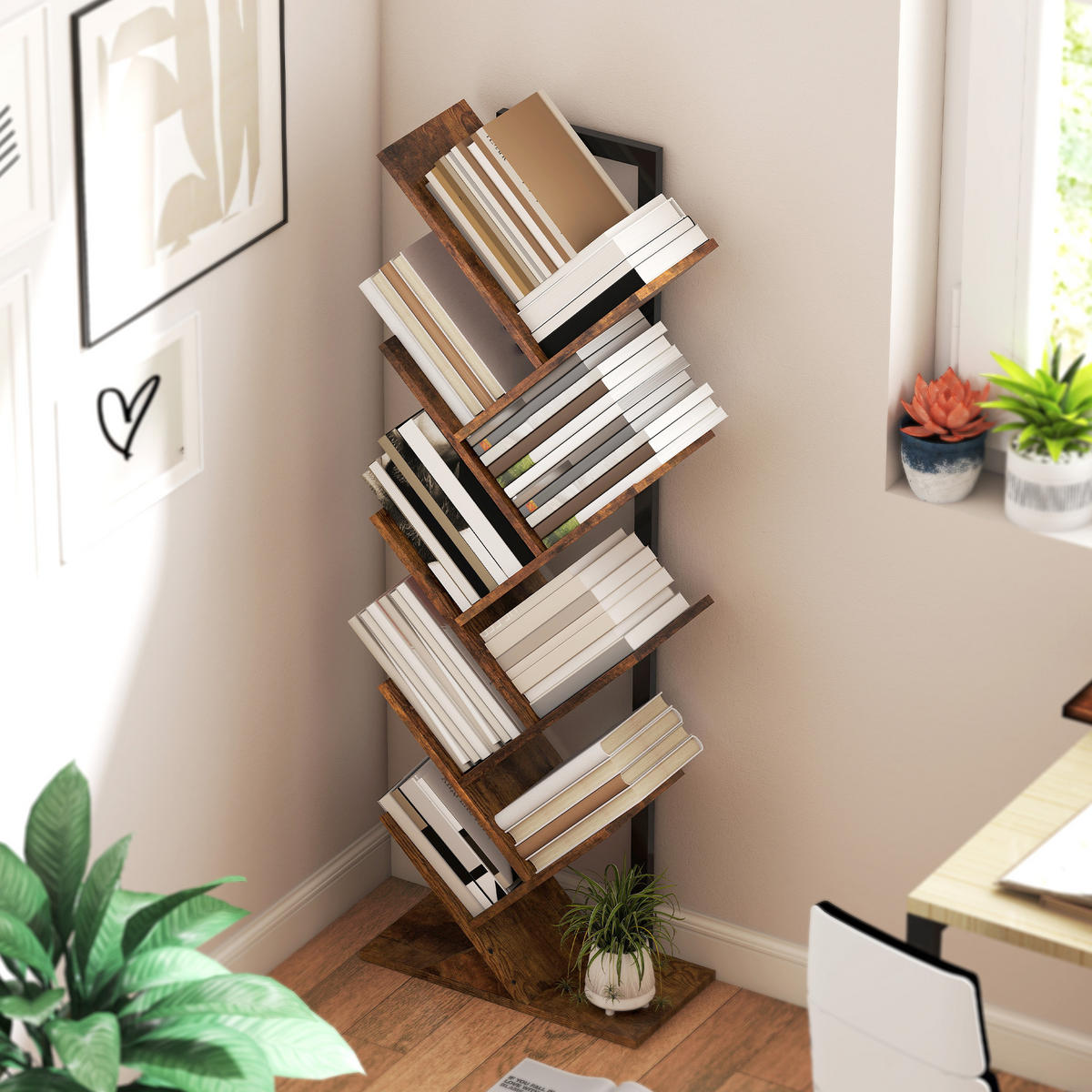 BÜCHERREGAL Standregal mit 9 Ebenen Schmal Regal im Baumform Rustikal Braun - Schwarz/Braun, Holzwerkstoff/Metall (24/136/50cm) - HOMCOM