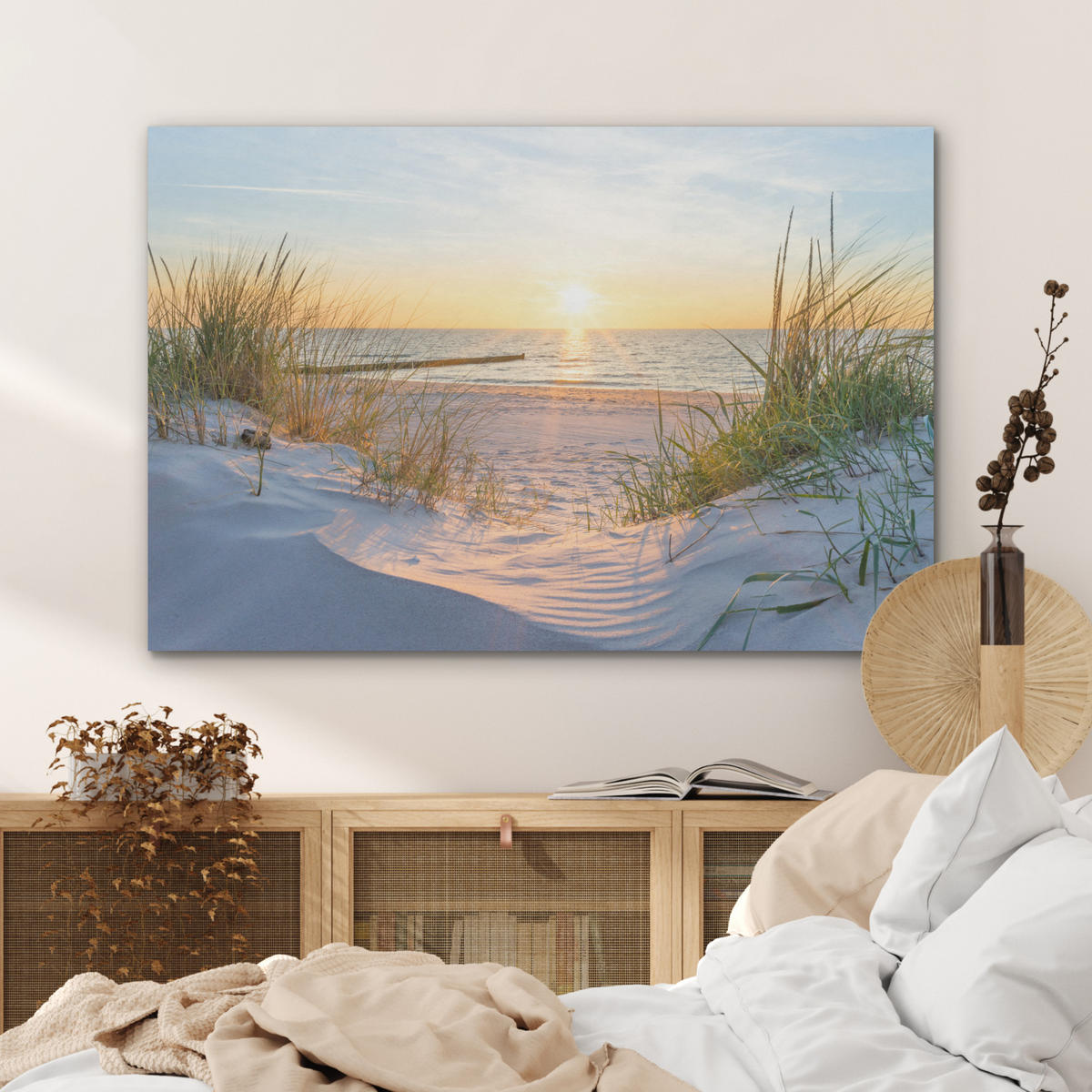 AKUSTIKBILD Strand - Sonne - Düne - Gras - Sand - Horizont Akustikpaneele 90x60 cm - Hellblau, Kunststoff (90/60/0.9cm) - MuchoWow