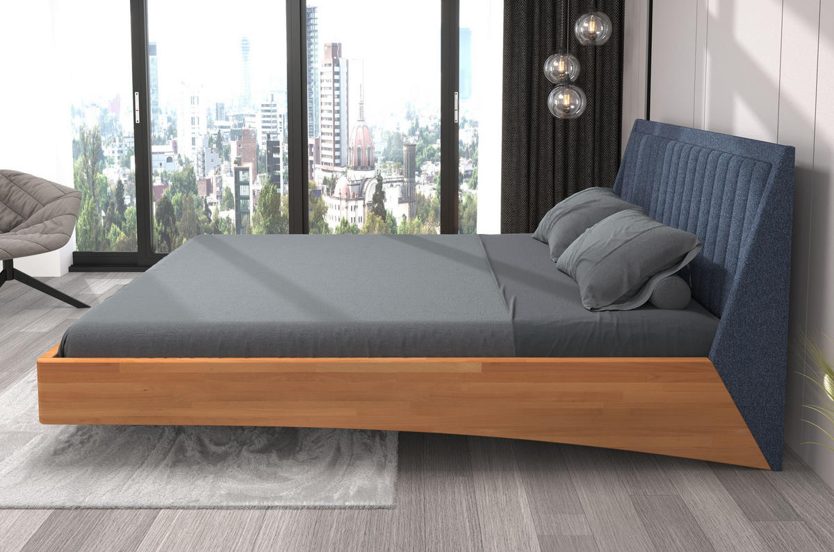 MASSIVHOLZBETT Ulf 180/200, schwebende Optik, Naturfarben-Denim Blau - Buchefarben, Holz/Buchenholz (180/200cm) - Visby