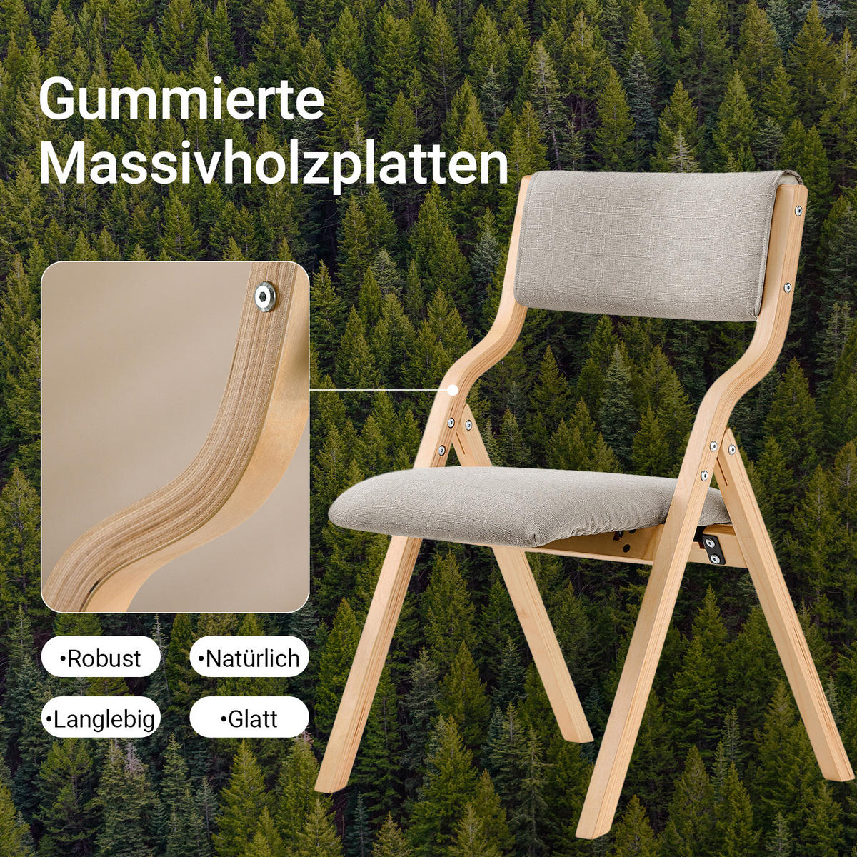 KLAPPSTUHL Birkenholz Gepolstert, 49x80x54cm, Grau - Grau, Holz/Holzwerkstoff (41/44/50cm) - SoBuy