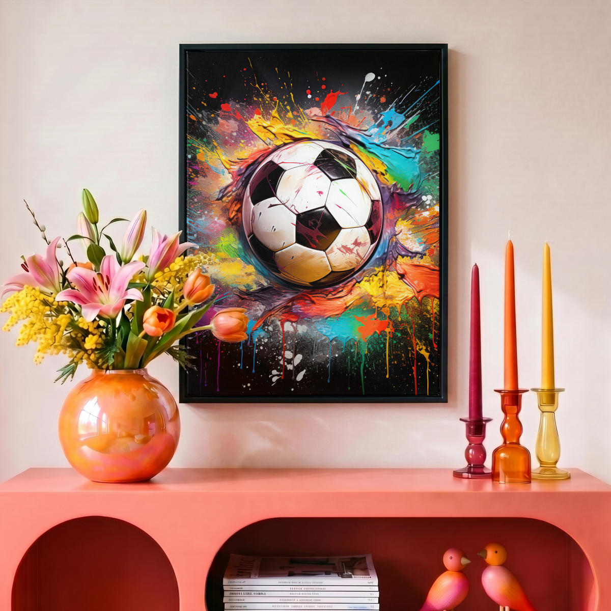 LEINWAND Bilder mit Rahmen - Fußball - Farbe - Farben - Schwarz - Weiß - 30x40 - Weiß, Textil (30/40cm) - MuchoWow