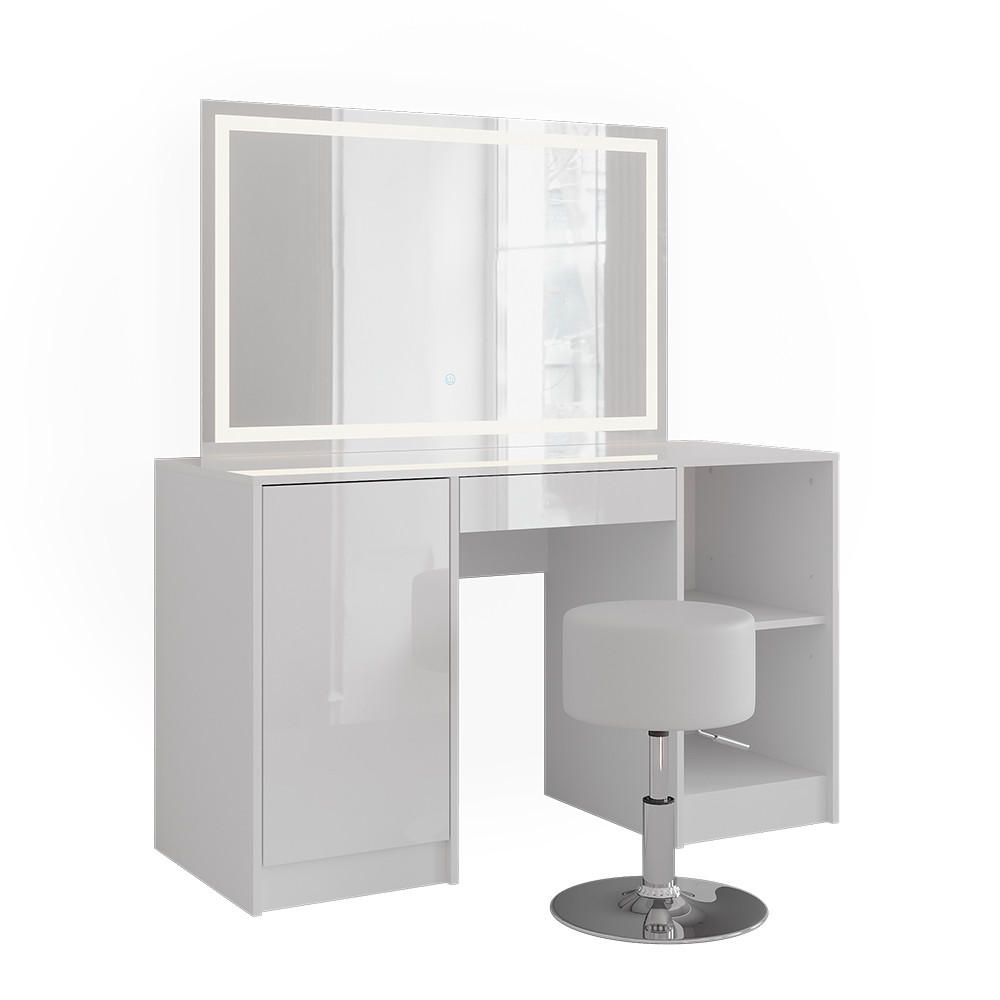 SCHMINKTISCH Sherry Weiß/Weiß Hochglanz 128.2 cm mit LED-Spiegel und Hocker - Weiß Hochglanz, Holzwerkstoff (128.2/76/50.1cm) - Vicco
