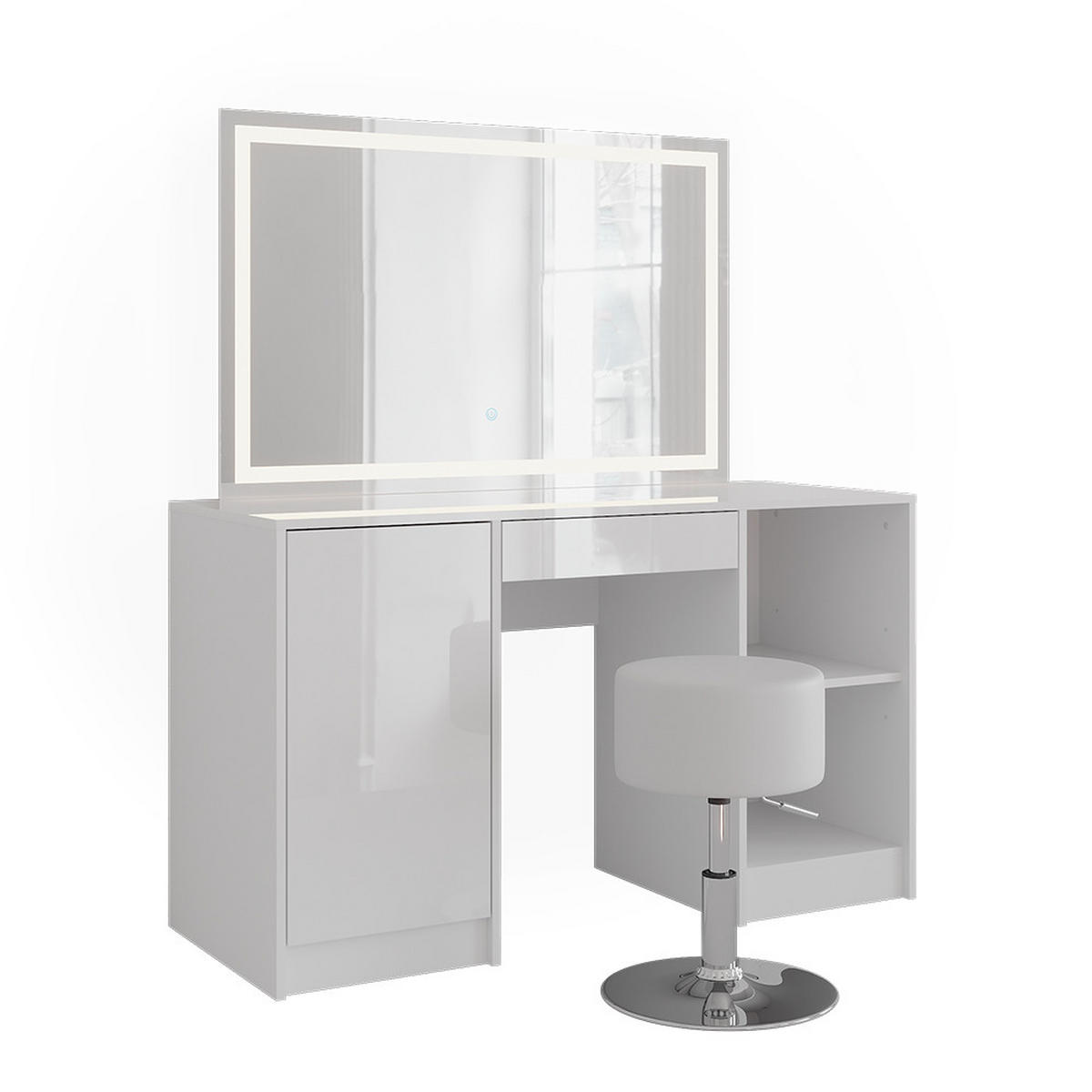 SCHMINKTISCH Sherry Weiß/Weiß Hochglanz 128.2 cm mit LED-Spiegel und Hocker - Weiß Hochglanz, Holzwerkstoff (128.2/76/50.1cm) - Vicco