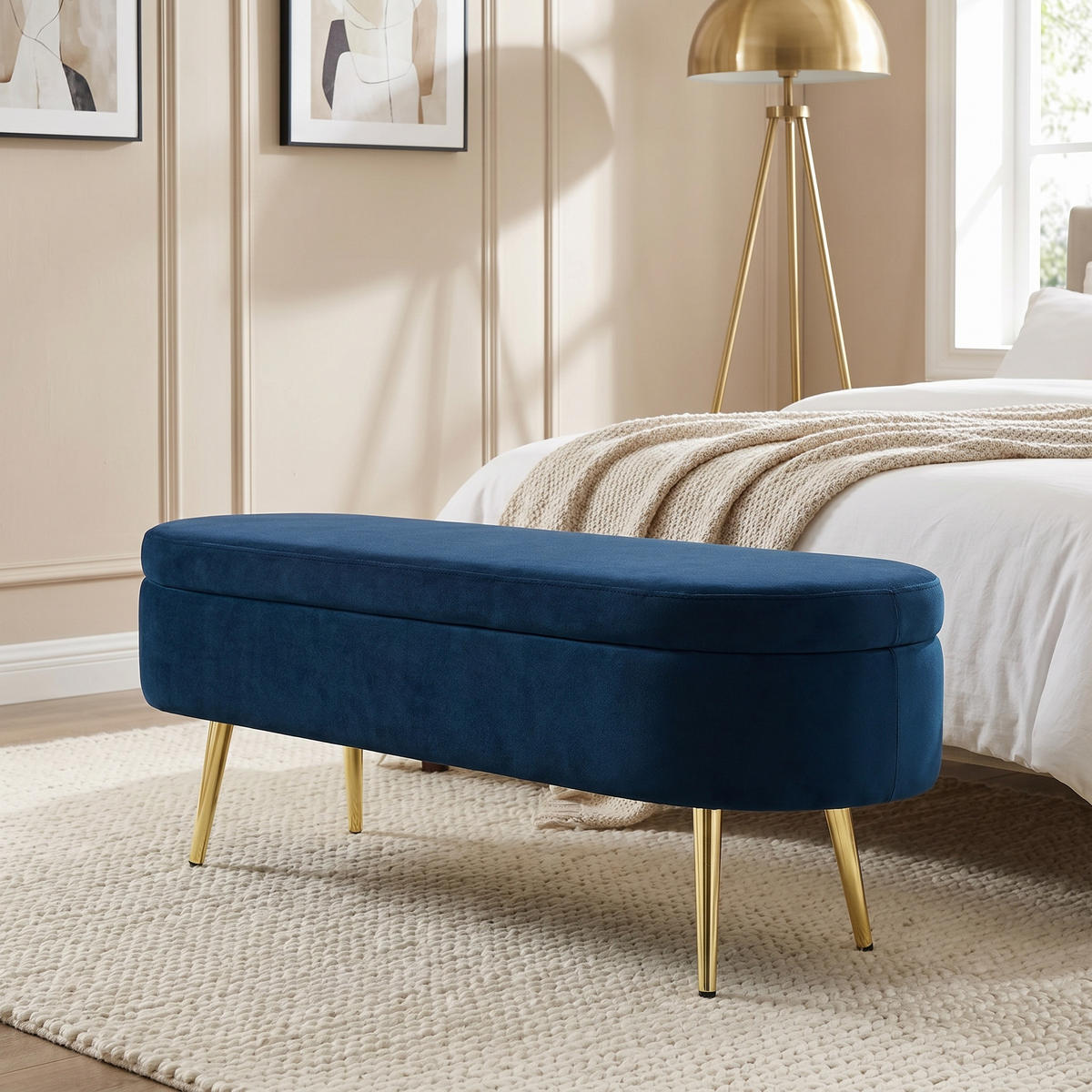 AUFBEWAHRUNGSTRUHE velvet & gold 110 cm - Dunkelblau, Textil (110/42/40cm) - Urban Meuble