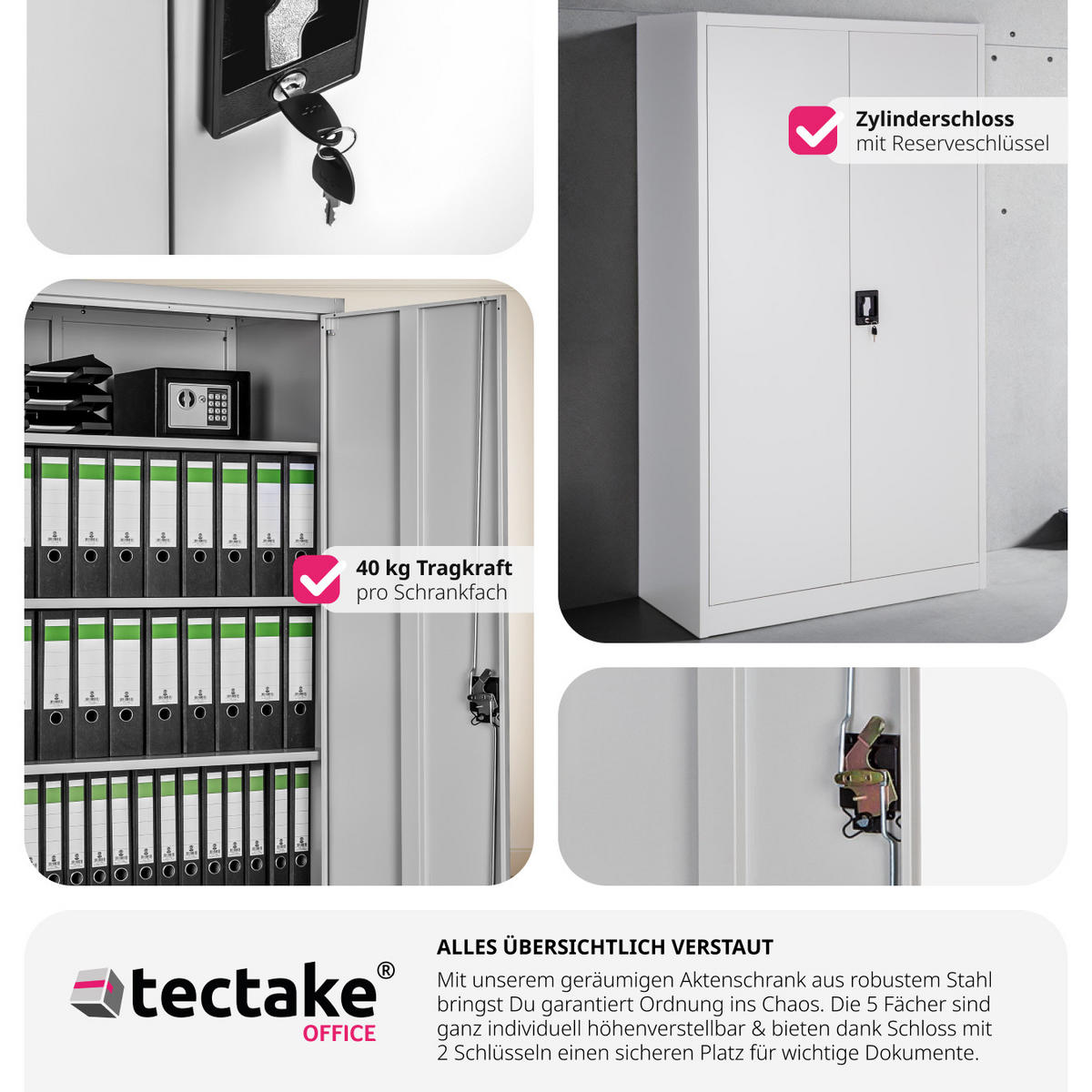 AKTENSCHRANK Blain,180 x 80 x 40 cm,grau - Grau, Metall (40/180/80cm) - tectake