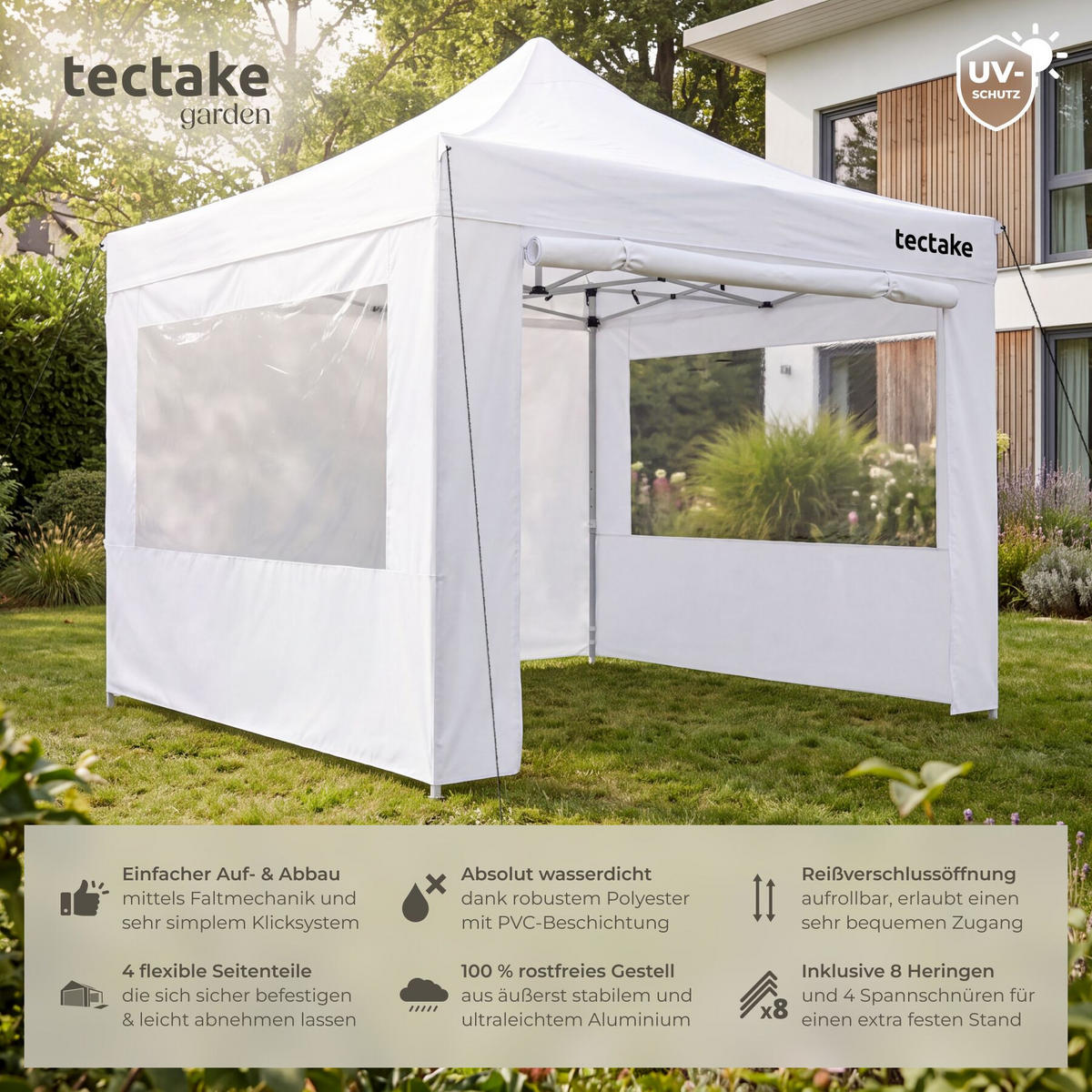 FALTPAVILLION aus Aluminium Olivia, inklusive Spannseilen, Heringen und Tragetasche, weiß - Weiß, Kunststoff (300/280/300cm) - tectake