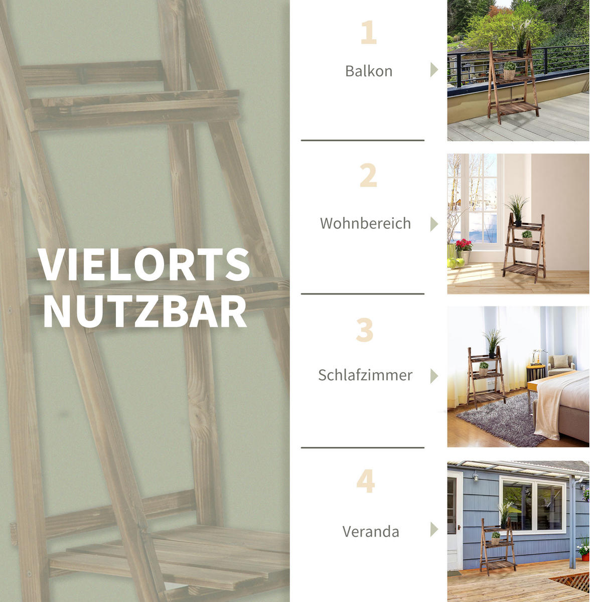 PFLANZENTREPPE Blumentreppe Blumenregal Pflanzregal, 3 Stufen, Tannenholz, Verkohlt - Dunkelbraun, Holz (37/93/60cm) - Outsunny