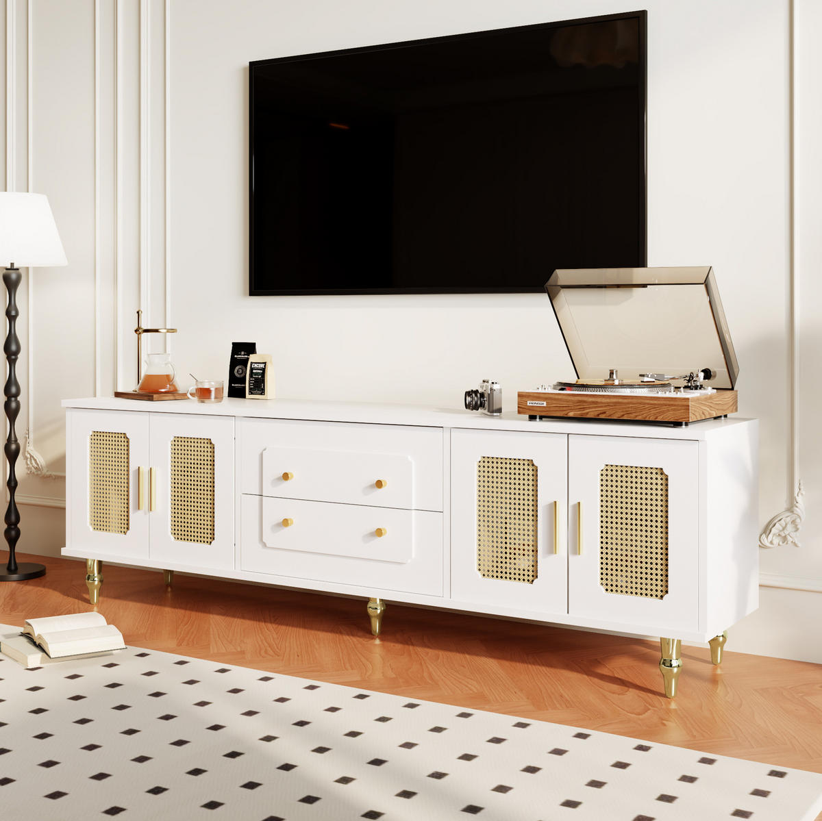 TV-LOWBOARD in Weiß mit Rattantüren und Push-to-Open Schubladen 175/38/55.5 cm - Weiß, Holzwerkstoff (177/55.5/38cm) - Redom