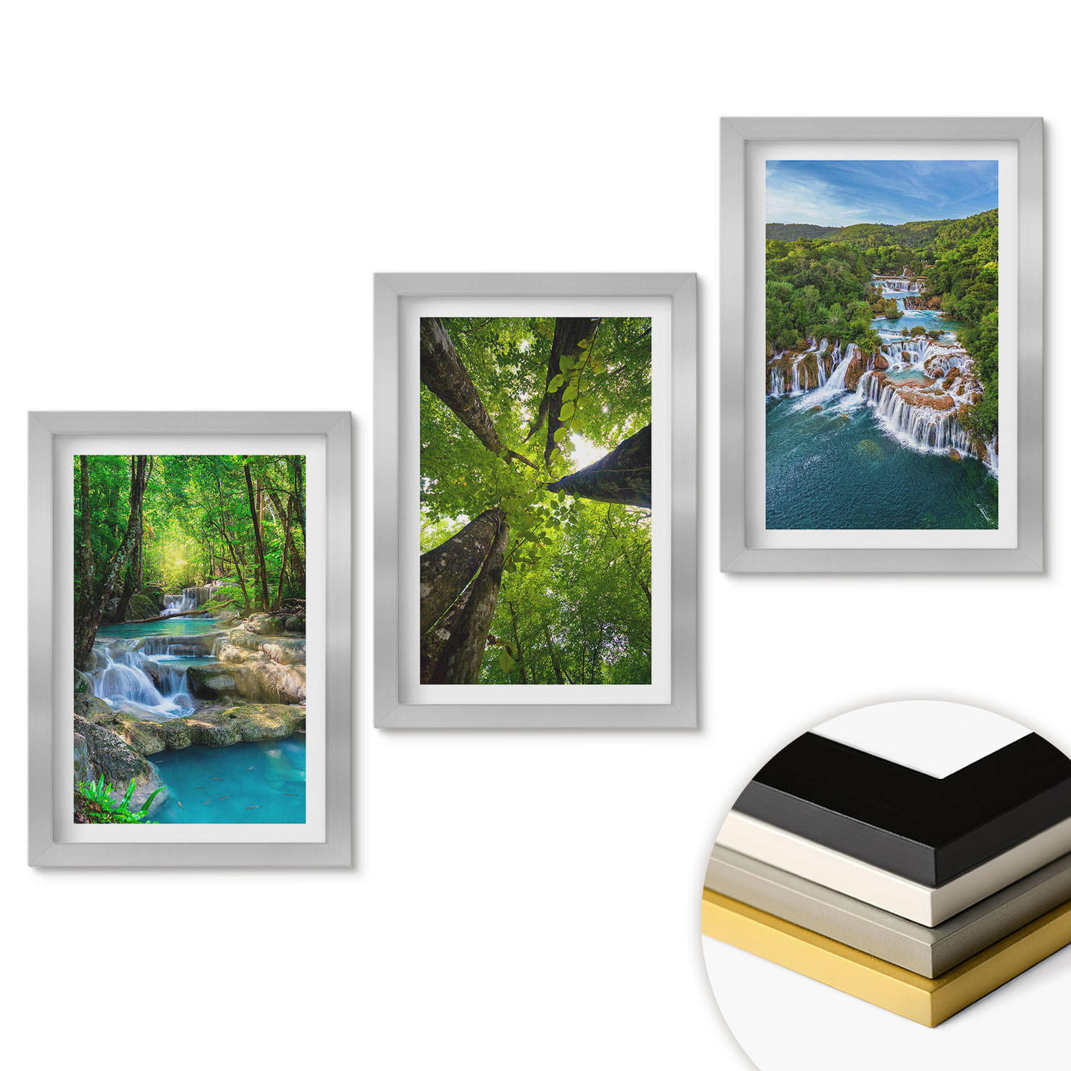 WANDBILDER 3er Set - 20x30 cm Silberner Rahmen - Wasserfälle grüner Wald Wasser - Silberfarben, Kunststoff (20/30cm) - ArtPrintCave