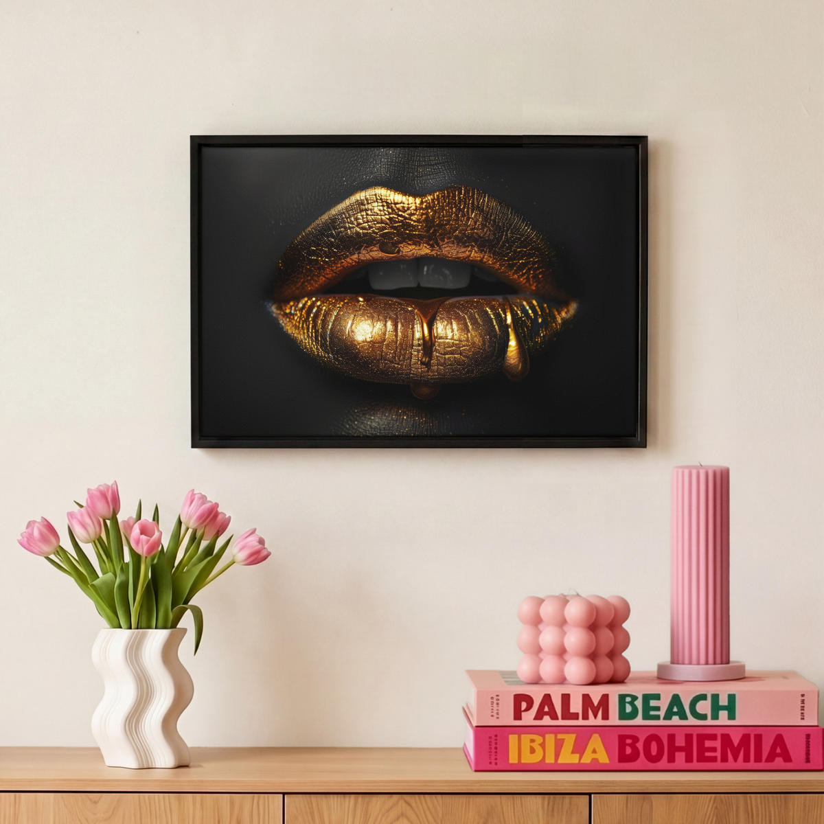 LEINWAND Bilder mit Rahmen - Frau - Porträt - Lippen - Gold - Schwarz - 30x20 - Schwarz, Textil (30/20cm) - MuchoWow