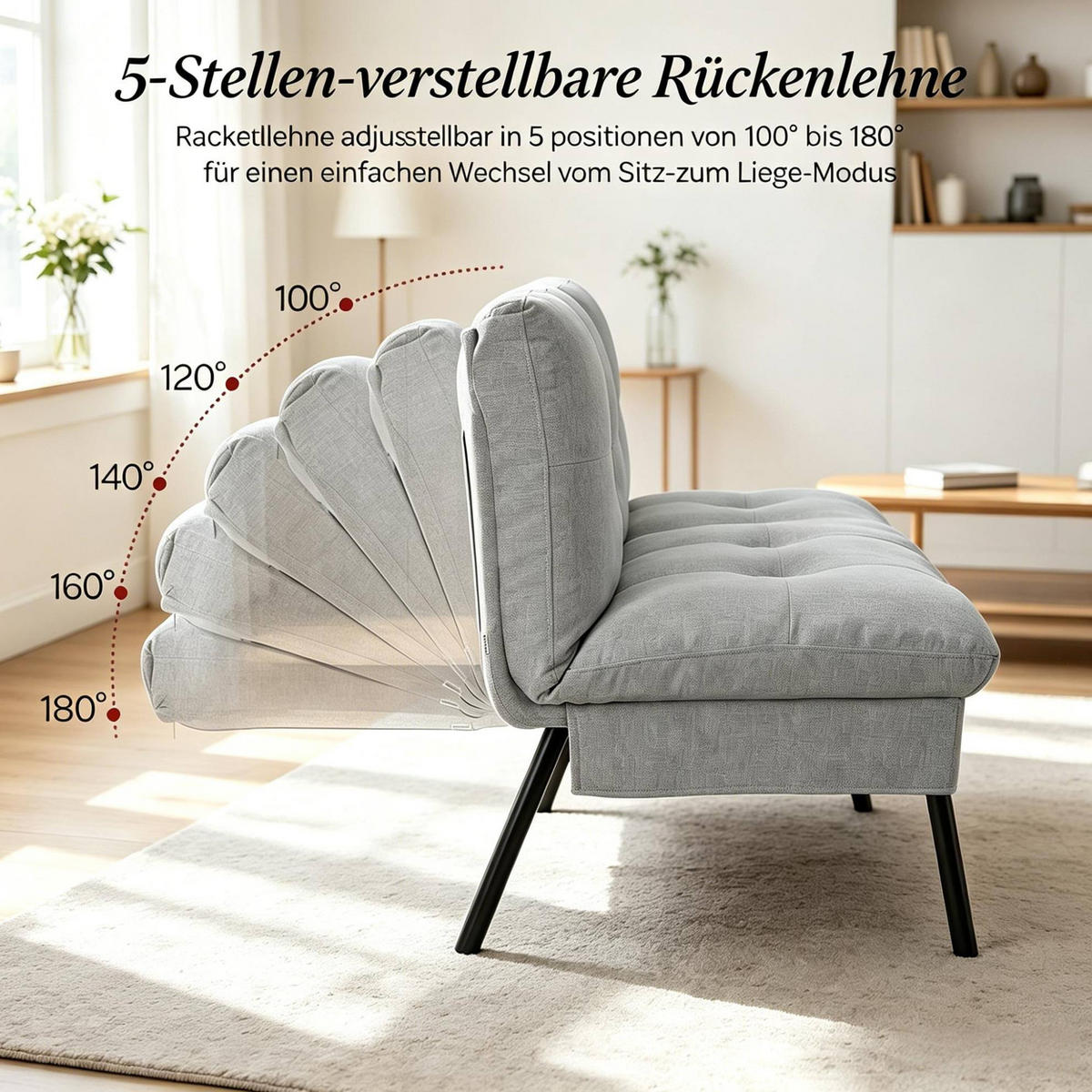 SCHLAFSOFA 2-Sitzer mit verstellbarer Rückenlehne 176 x 64 x 84 cm Hellgrau - Hellgrau, Metall (176/84/64cm) - Meubliv