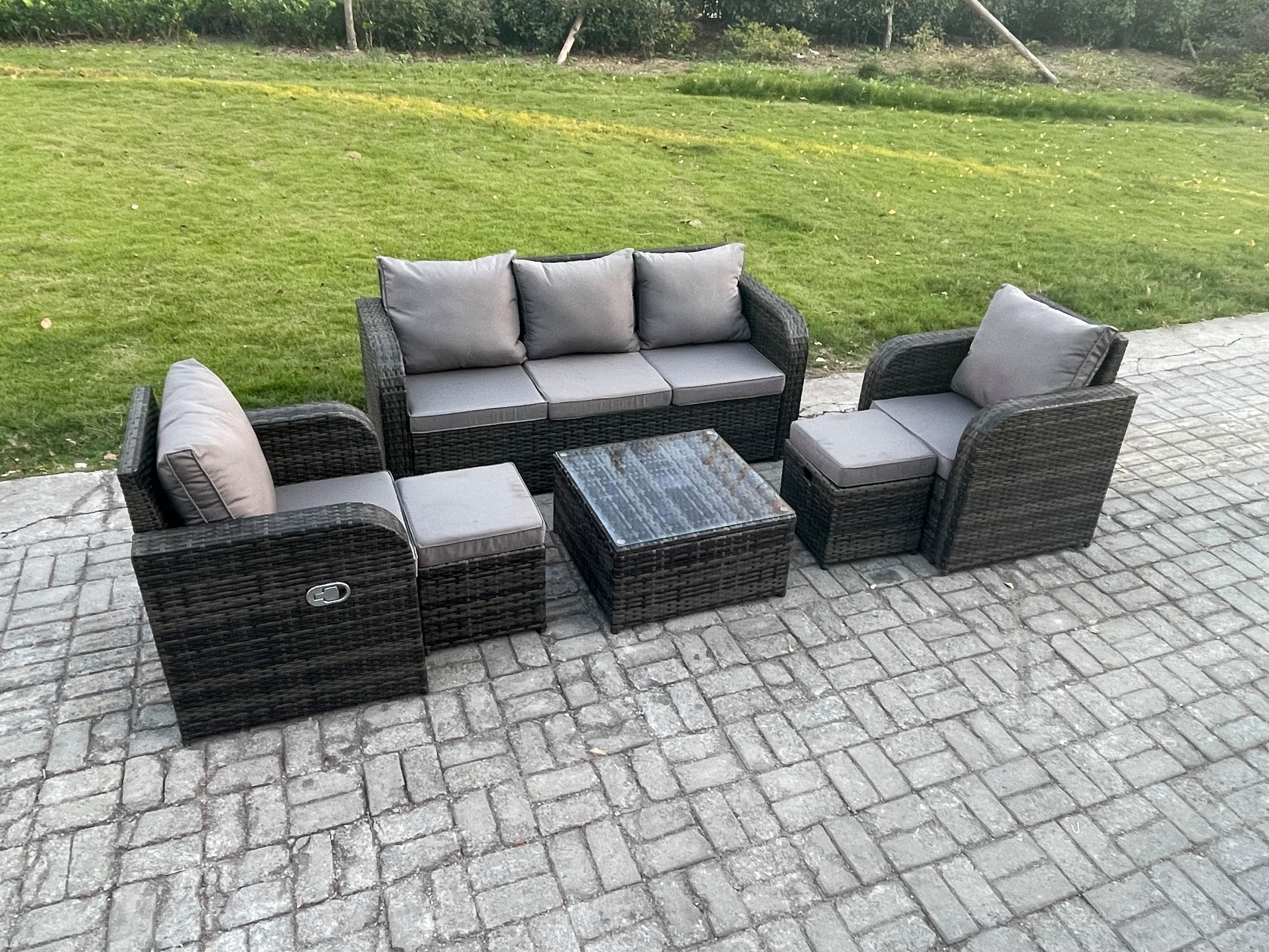 GARTENMÖBELGARNITUR mit KISSEN Polyrattan Dunkelgrau 7-Sitzer - Dunkelgrau/Grau, Glas/Kunststoff - Fimous