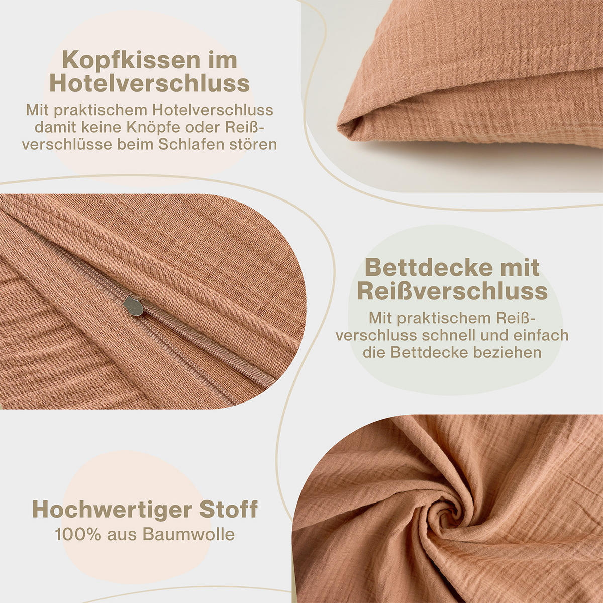 BETTWÄSCHE Musselin, 100% Baumwolle, 200/220 cm & 2x 80/80 cm - Kupferfarben, Textil (200/220cm) - Blumtal