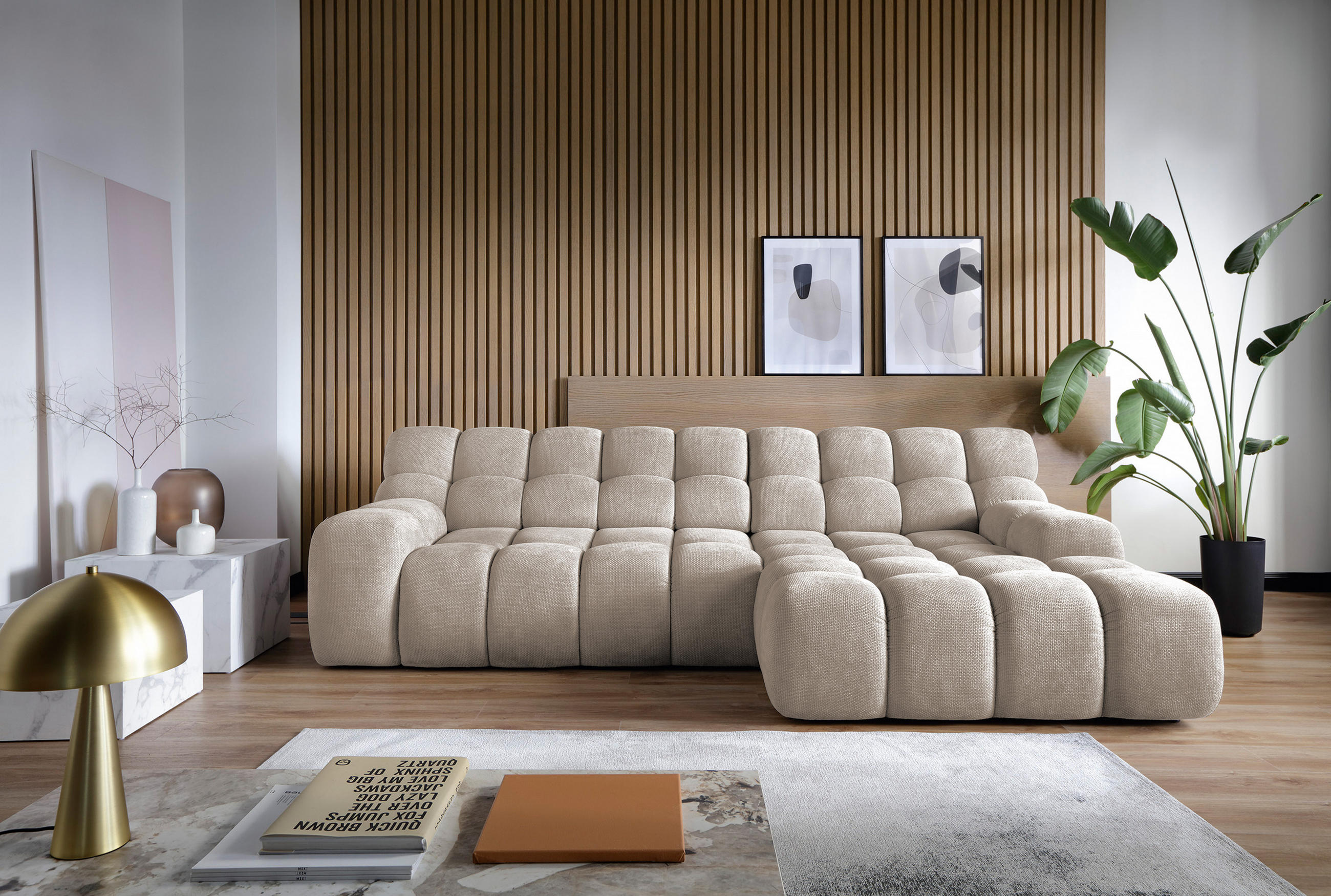 ECKSOFA CAMPILE mit elektrisch verschiebbarem Sitz, Grau, Rechts - Hellbraun, Holz/Textil (288/119cm) - DomoHome