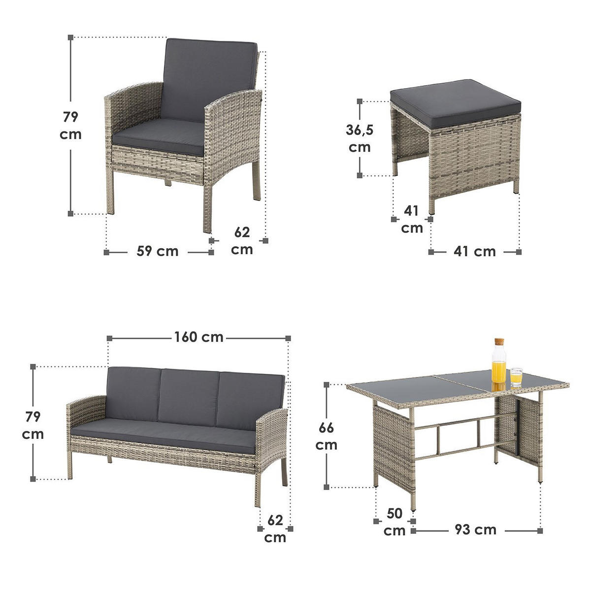 SITZGRUPPE Turin dunkelgrau Polyrattan - Grau, Kunststoff - Juskys