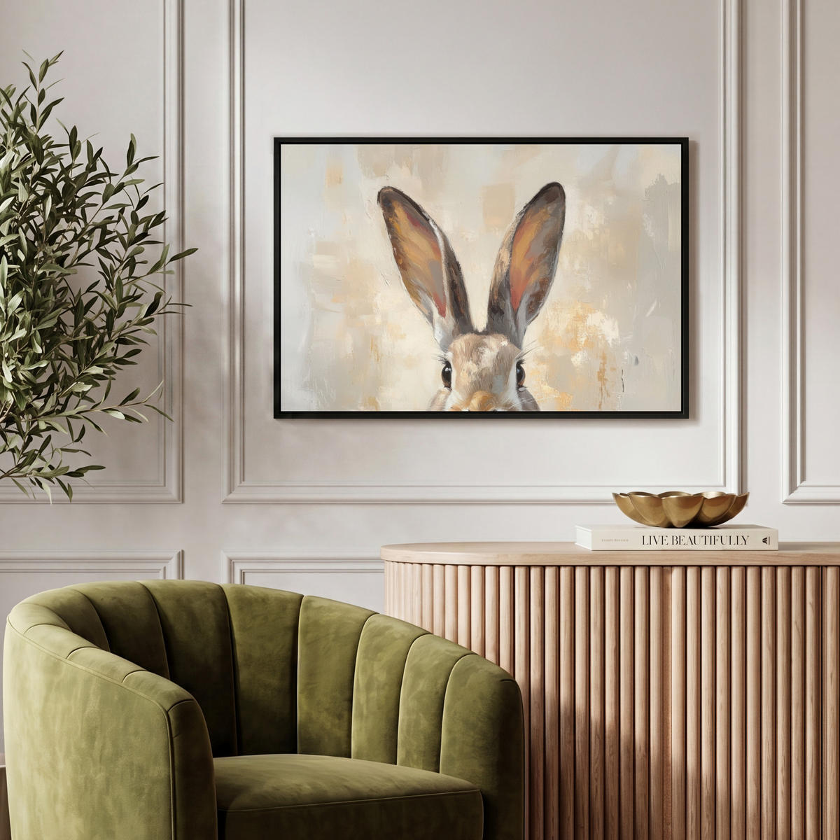 LEINWAND Bilder mit Rahmen - Hase - Ohren - Braun - 60x40 - Beige, Textil (60/40cm) - MuchoWow