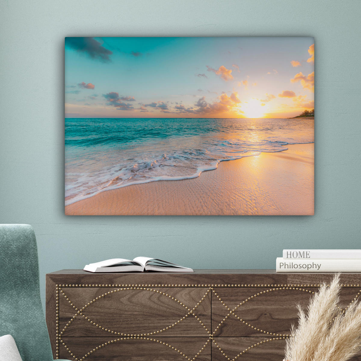 LEINWANDBILD - Sonnenuntergang - Strand - Meer - Sommer - Blau - 80x60 - Malerei - Multicolor, Textil (80/60cm) - MuchoWow