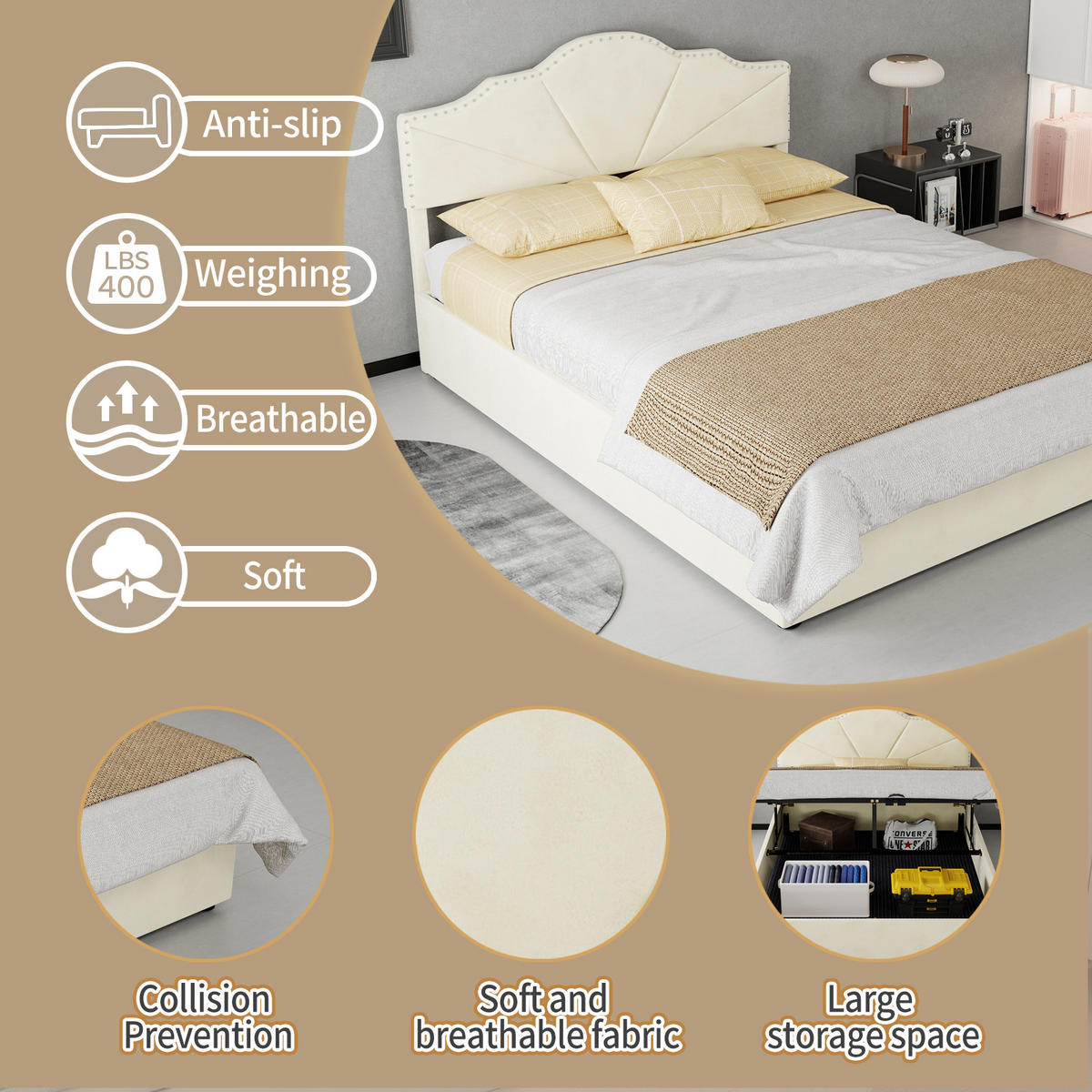 STAURAUMBETT 140/200 cm mit Pneumatik-Stauraum und Matratze, DE-32959, in Beige - Beige, Metall (140/200cm) - ComfortXL