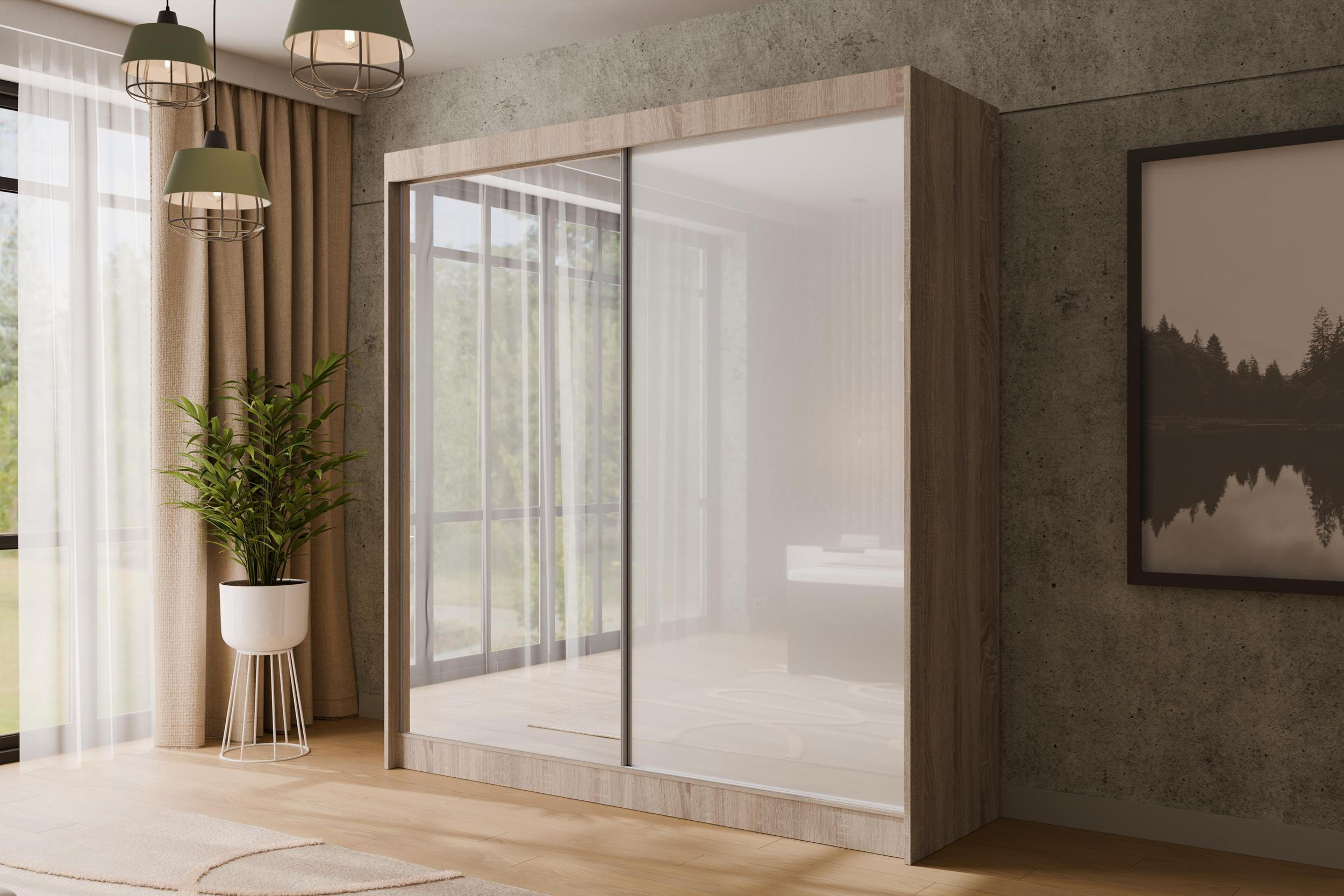 KLEIDERSCHRANK VESLI - 200 cm - Sonoma Eiche|Weiß - Weiß/Sonoma Eiche, Holzwerkstoff (200/215/61cm) - ALTDECOR