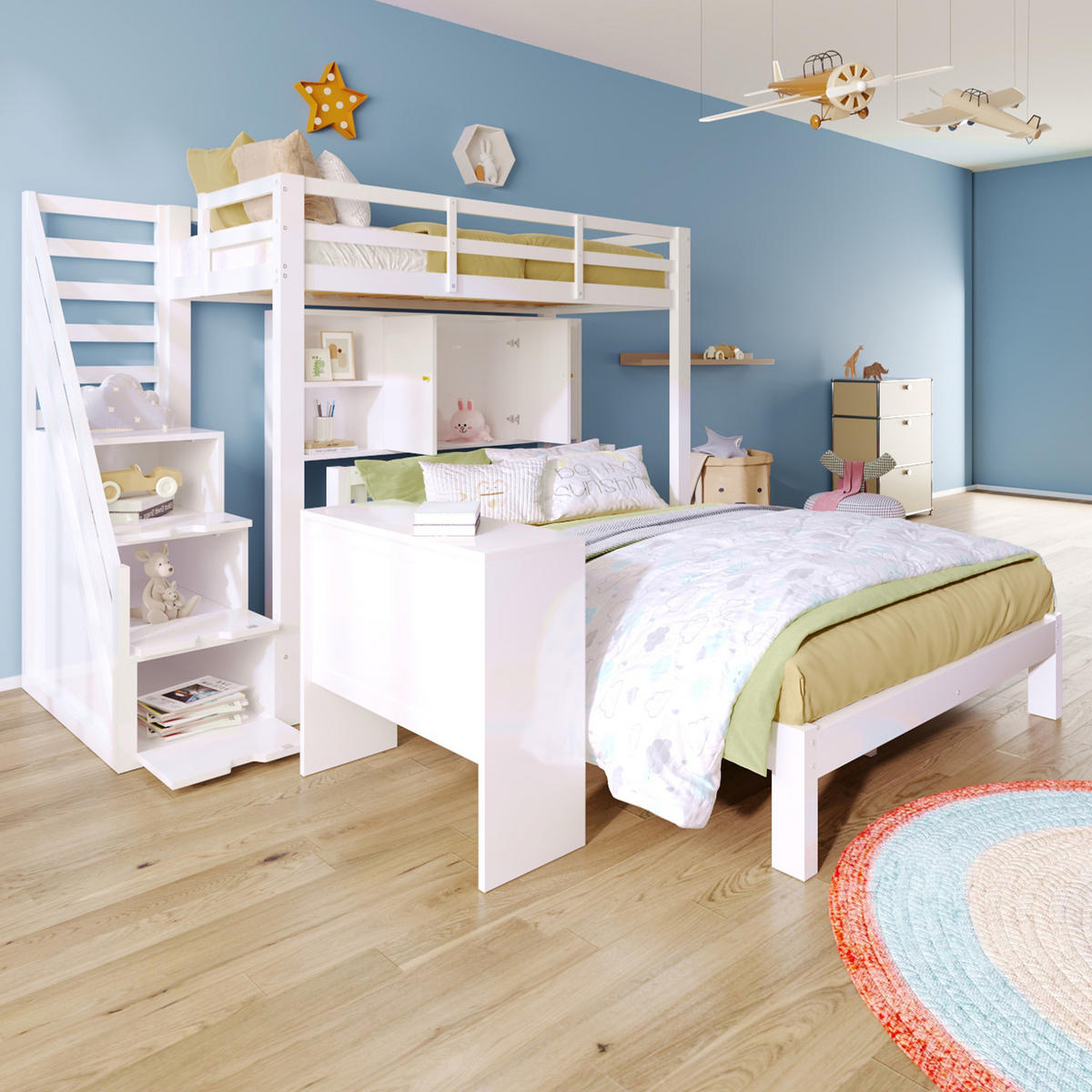 ETAGENBETT 90/200 cm + 140/200 cm in Weiß mit Stauraumtreppe und Regal - Weiß, Holz (90/200cm) - BEAOK