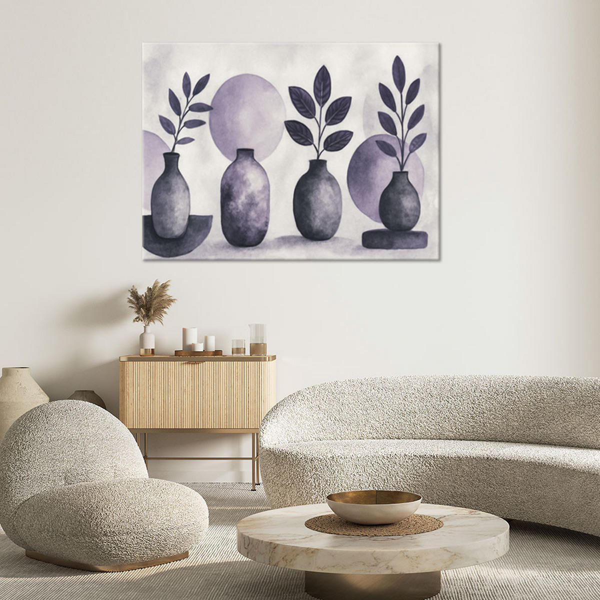 LEINWANDBILD Vasen Blätter Aquarell Violett 90x60cm - Lila, Textil (90/60cm) - Feeby