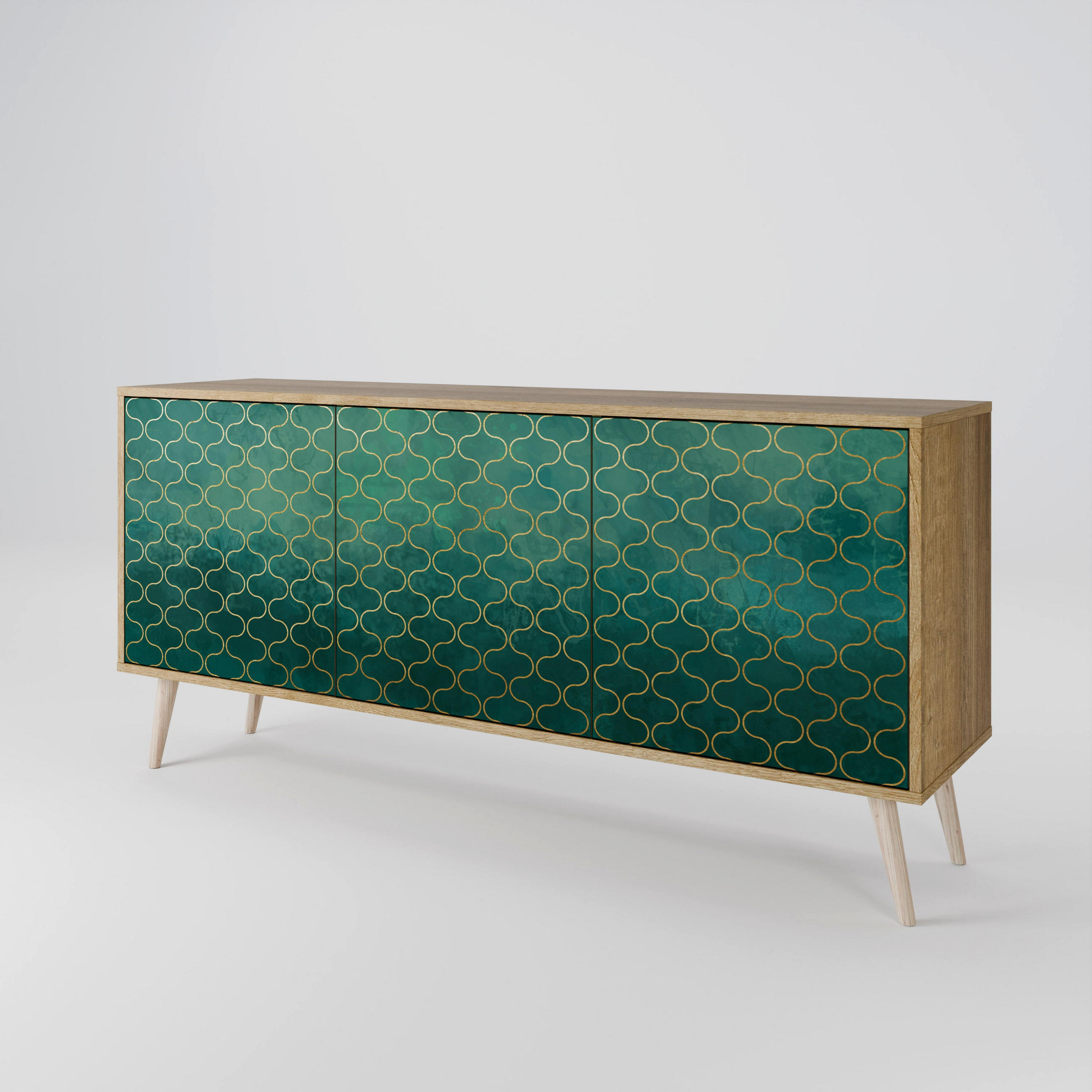 SIDEBOARD TESSELATED GREENERY, Eicheneffekt, 164,5x42x77,5 cm, 3 Türen - Eichefarben/Buchefarben, Holzwerkstoff/Buchenholz (164.5/77.5/42cm) - SpaceRebels
