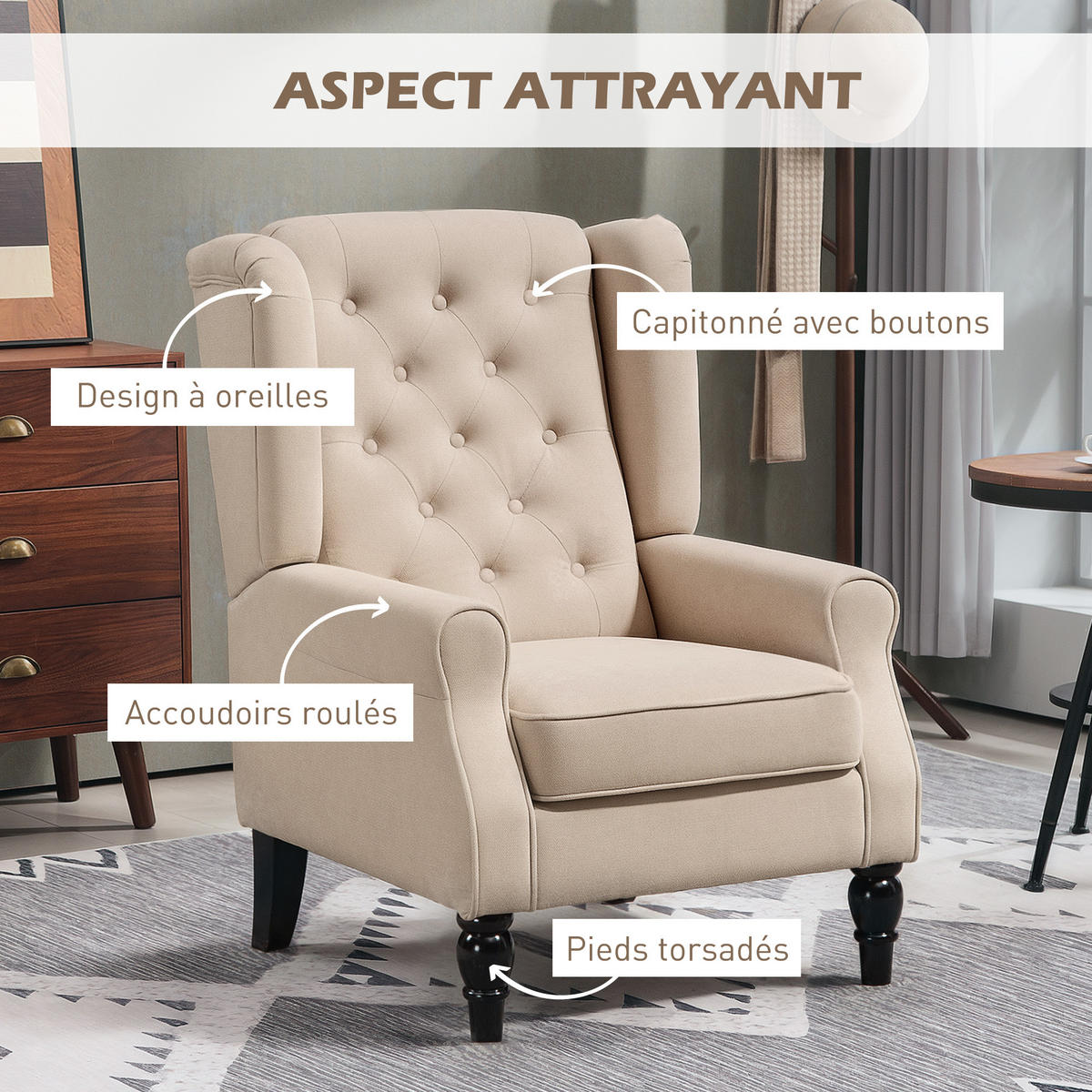 SESSEL DE-13450 klassisch mit Knopfheftung Beige - Beige, Textil (87/102/74cm) - ComfortXL