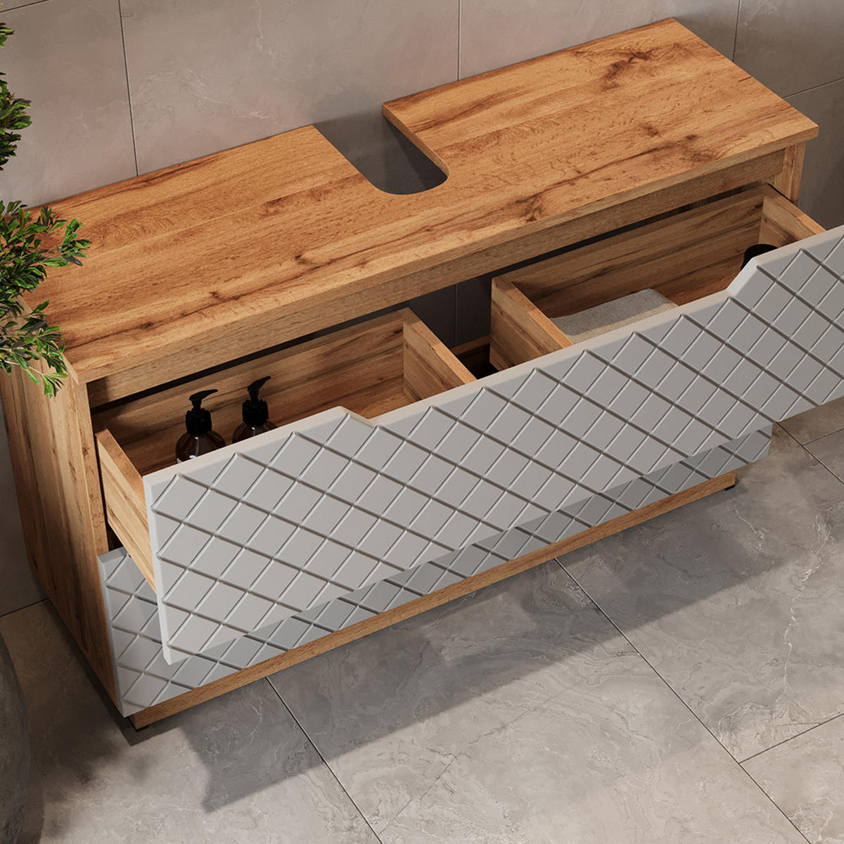 BADMÖBEL-SET Lotta Eiche/Grau mit Kachelstruktur 2 Teile - Grau, Holzwerkstoff (99.4/62.5/32cm) - Vicco