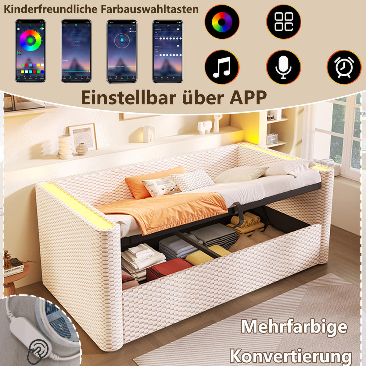 BETT 90/200 cm Beige aus Samt und MDF mit LED-Beleuchtung und Stauraum - Beige, Textil (90/200cm) - OKMYHOME